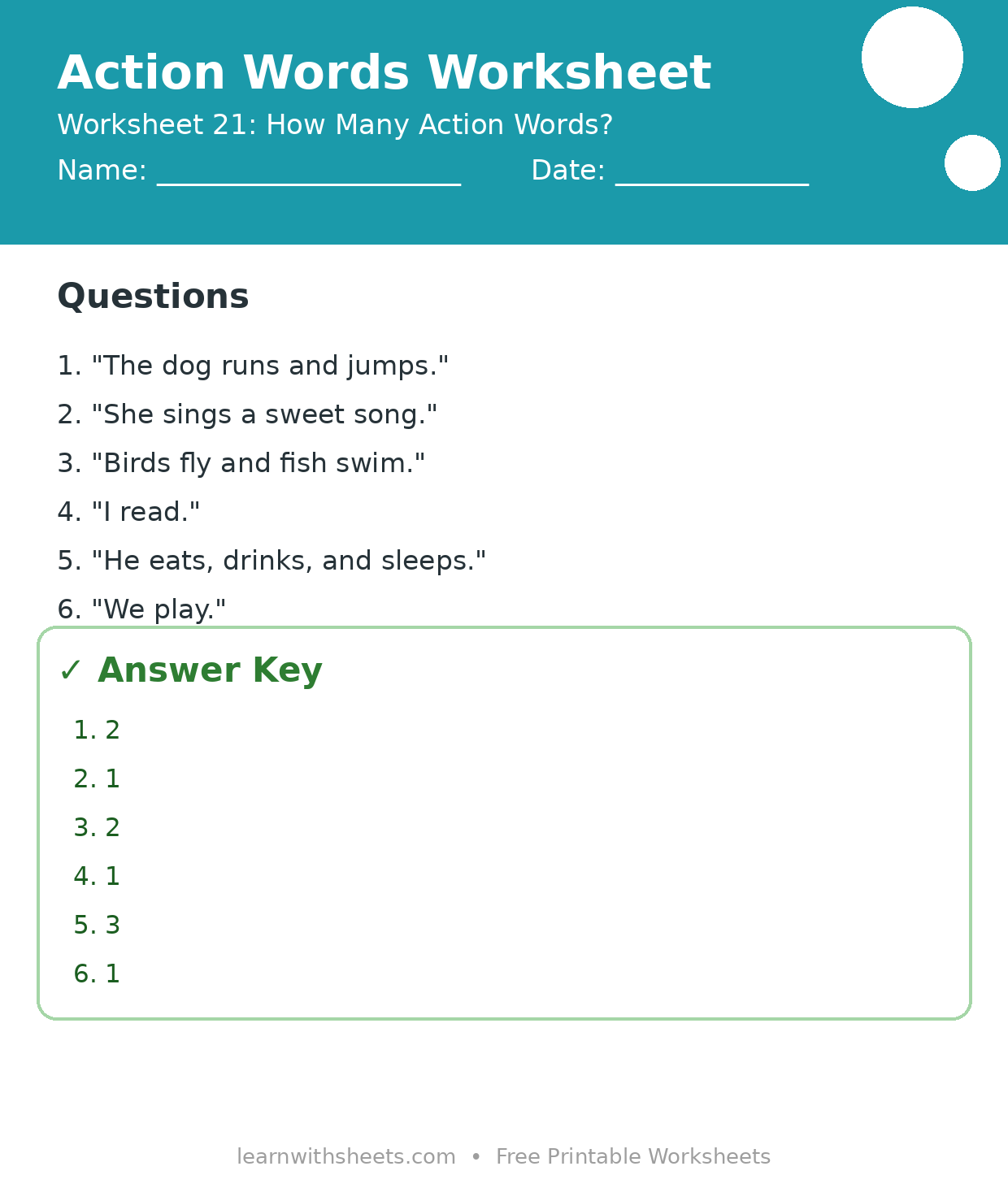 Printable action words worksheet 21: How Many Action Words? with questions and answer key