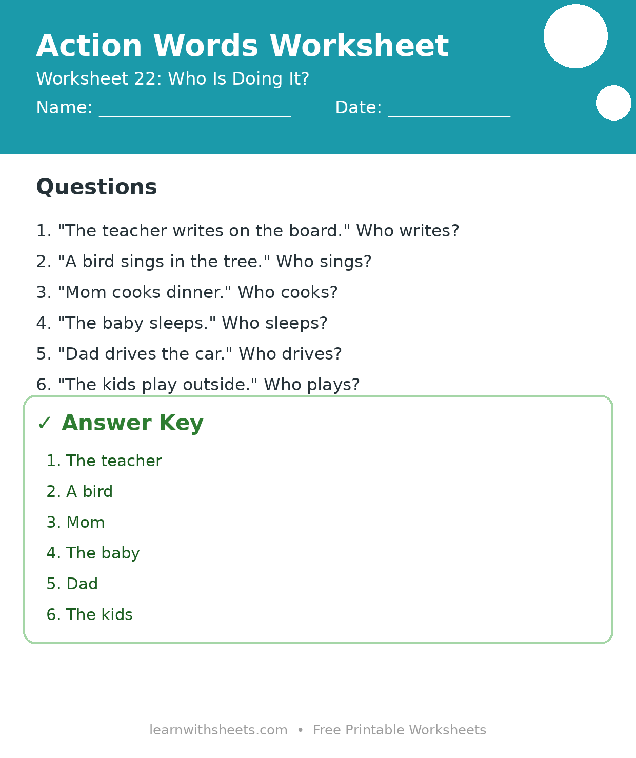 Printable action words worksheet 22: Who Is Doing It? with questions and answer key