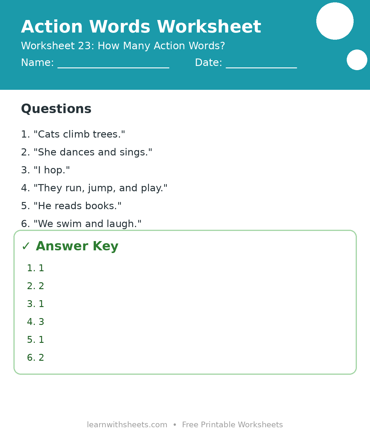 Printable action words worksheet 23: How Many Action Words? with questions and answer key