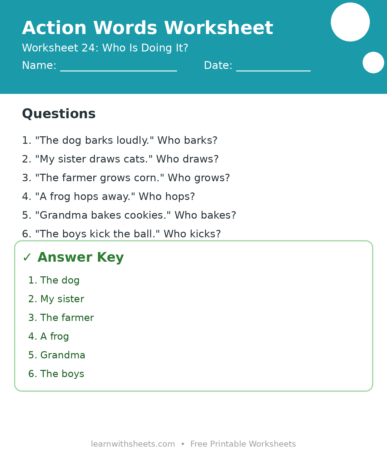 Printable action words worksheet 24: Who Is Doing It? with questions and answer key