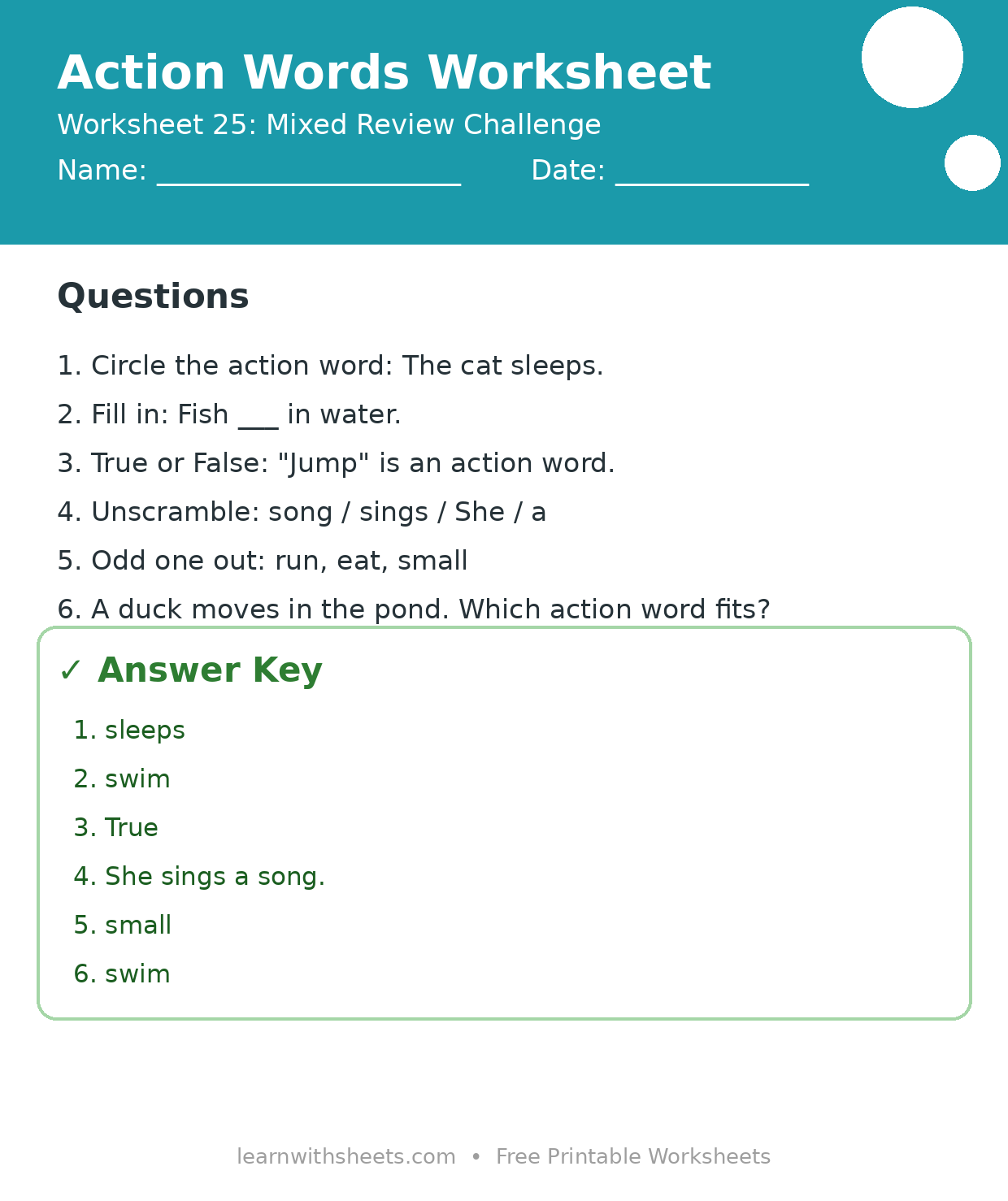 Printable action words worksheet 25: Mixed Review Challenge with questions and answer key