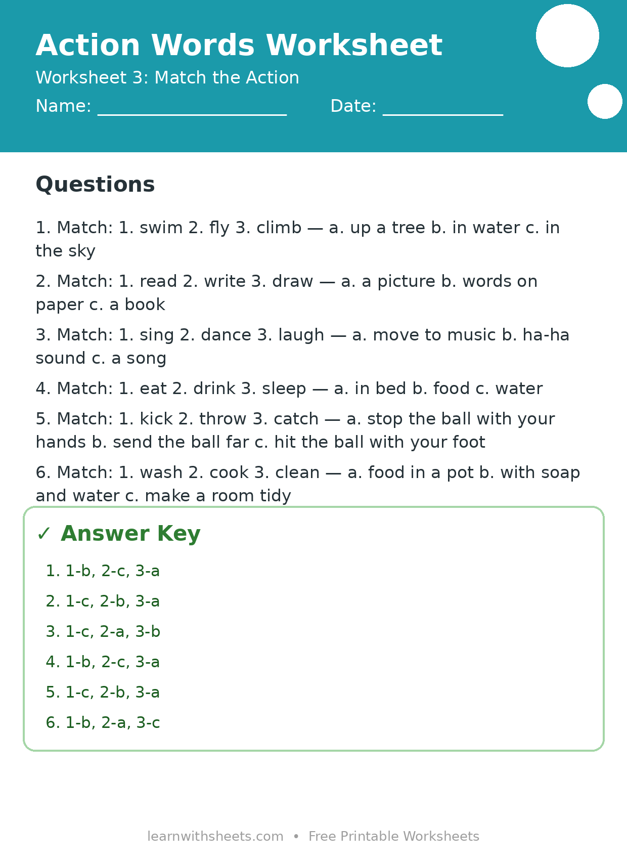 Printable action words worksheet 3: Match the Action with questions and answer key