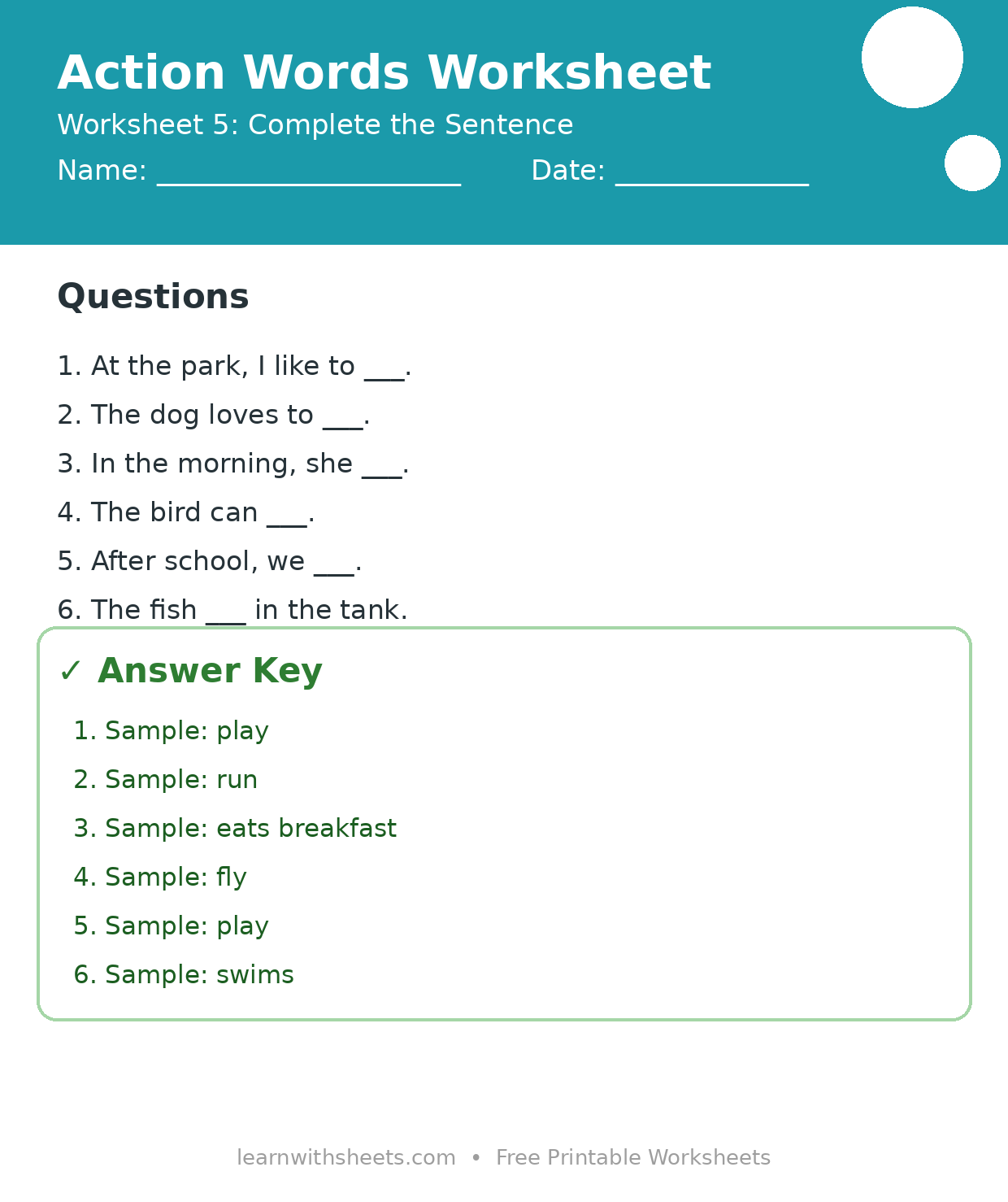 Printable action words worksheet 5: Complete the Sentence with questions and answer key