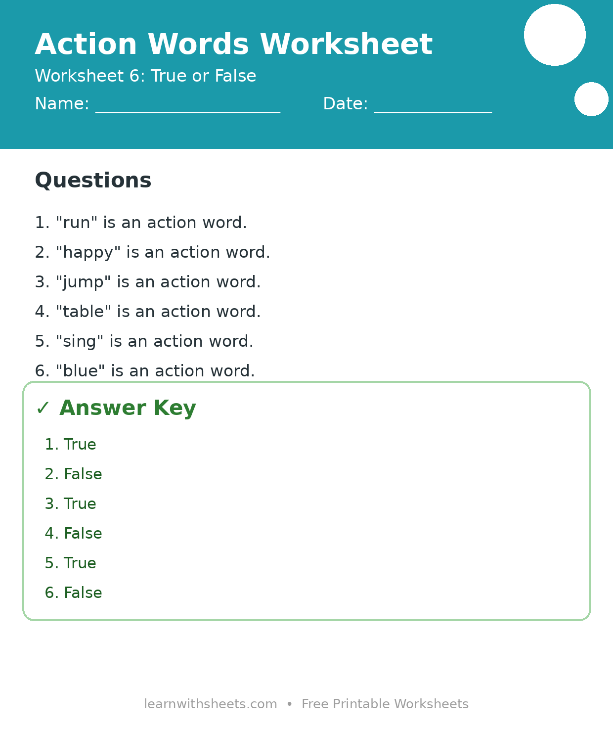 Printable action words worksheet 6: True or False with questions and answer key