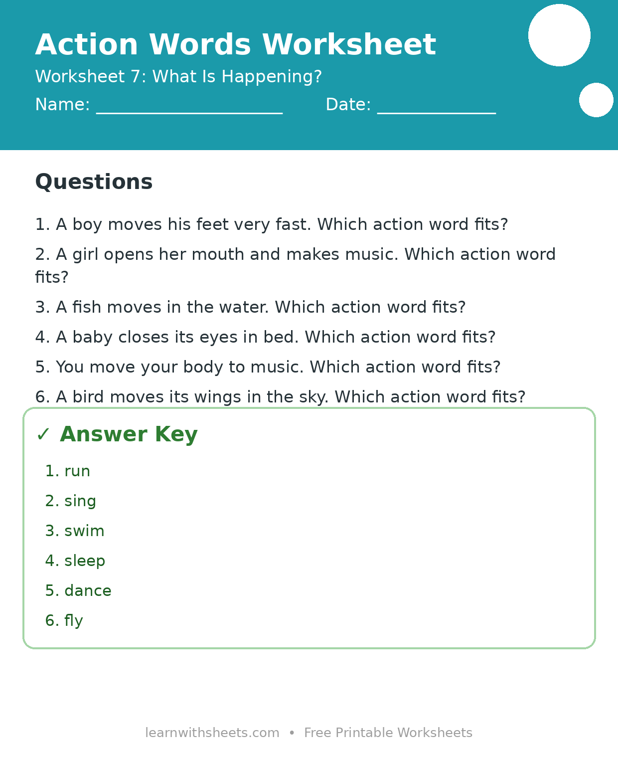 Printable action words worksheet 7: What Is Happening? with questions and answer key