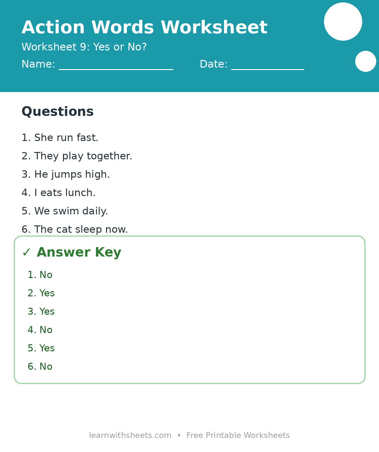 Printable action words worksheet 9: Yes or No? with questions and answer key