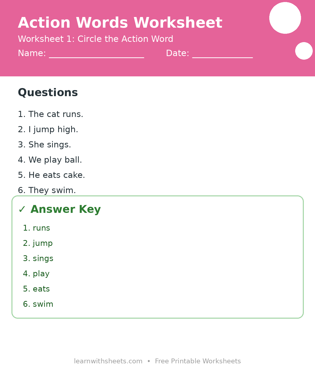 Printable action words worksheet 1: Circle the Action Word with questions and answer key