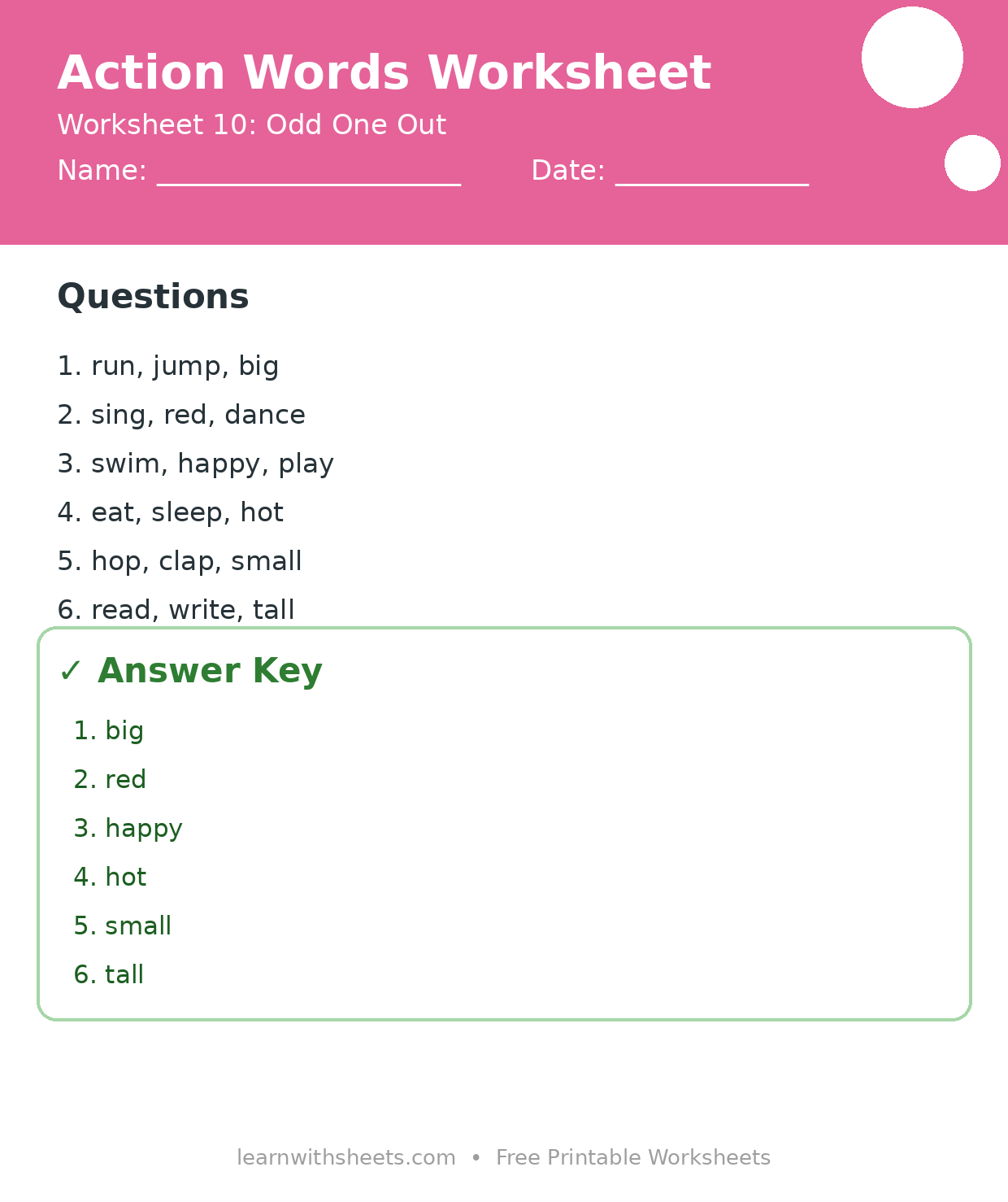 Printable action words worksheet 10: Odd One Out with questions and answer key