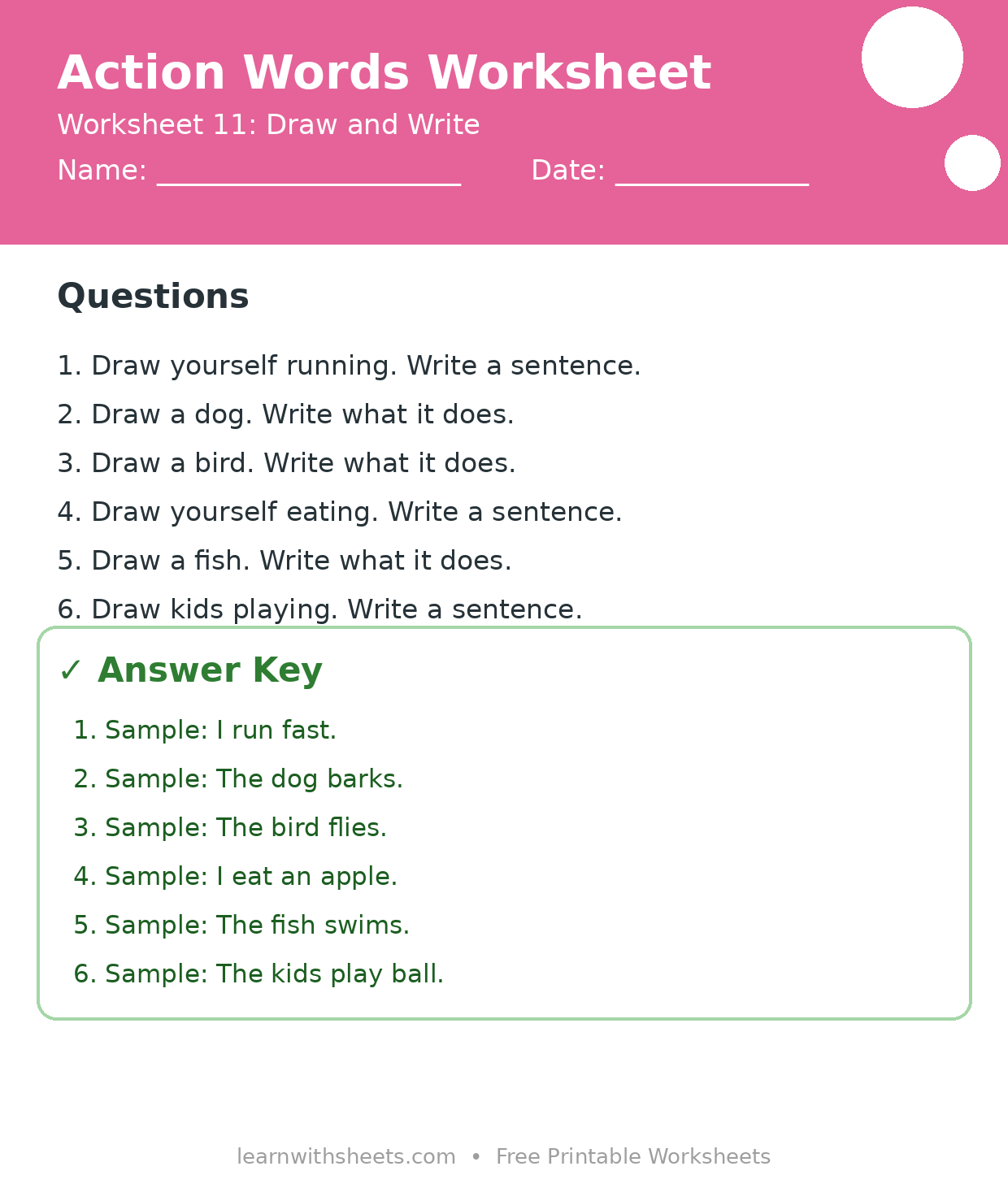 Printable action words worksheet 11: Draw and Write with questions and answer key