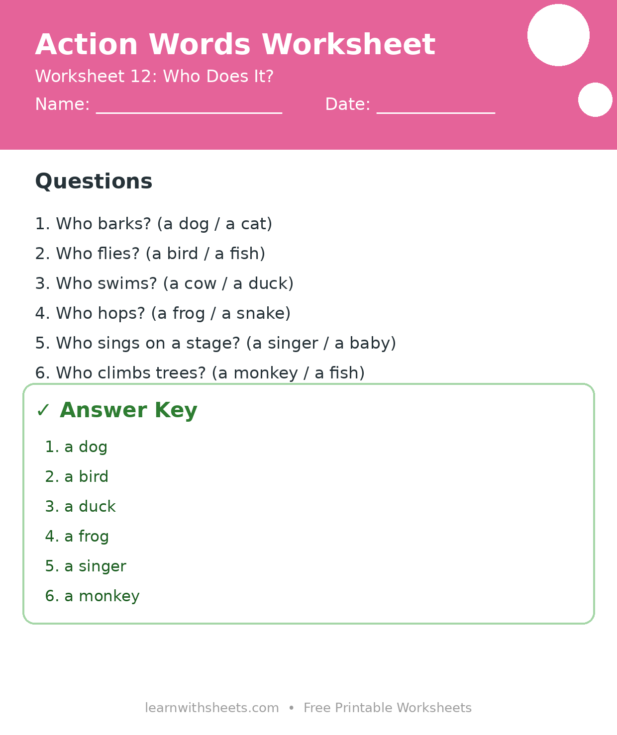 Printable action words worksheet 12: Who Does It? with questions and answer key
