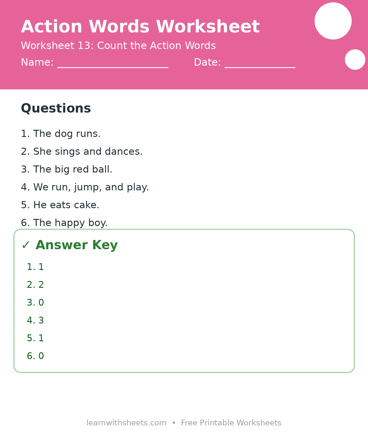 Printable action words worksheet 13: Count the Action Words with questions and answer key