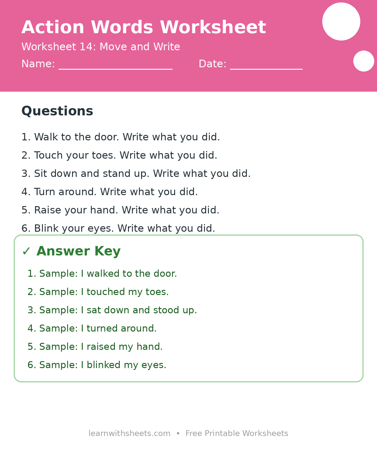 Printable action words worksheet 14: Move and Write with questions and answer key