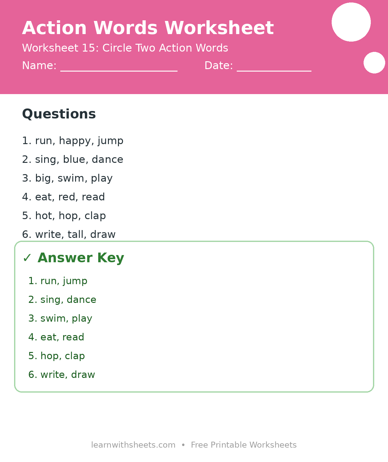 Printable action words worksheet 15: Circle Two Action Words with questions and answer key