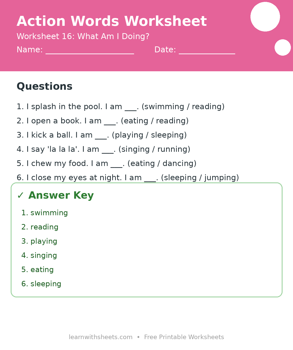 Printable action words worksheet 16: What Am I Doing? with questions and answer key