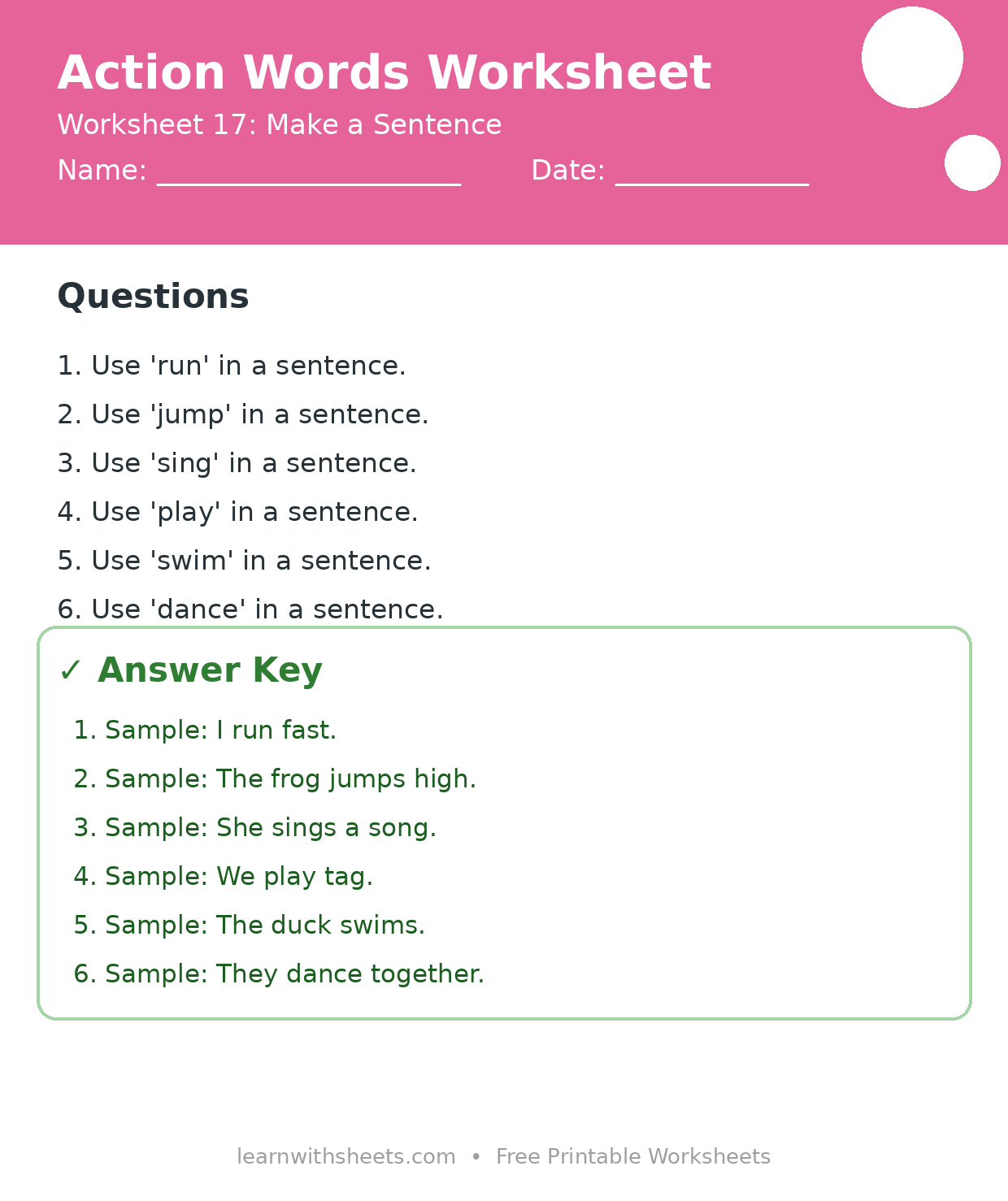 Printable action words worksheet 17: Make a Sentence with questions and answer key