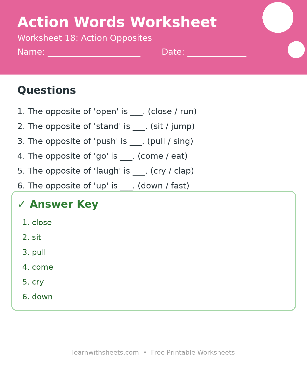 Printable action words worksheet 18: Action Opposites with questions and answer key