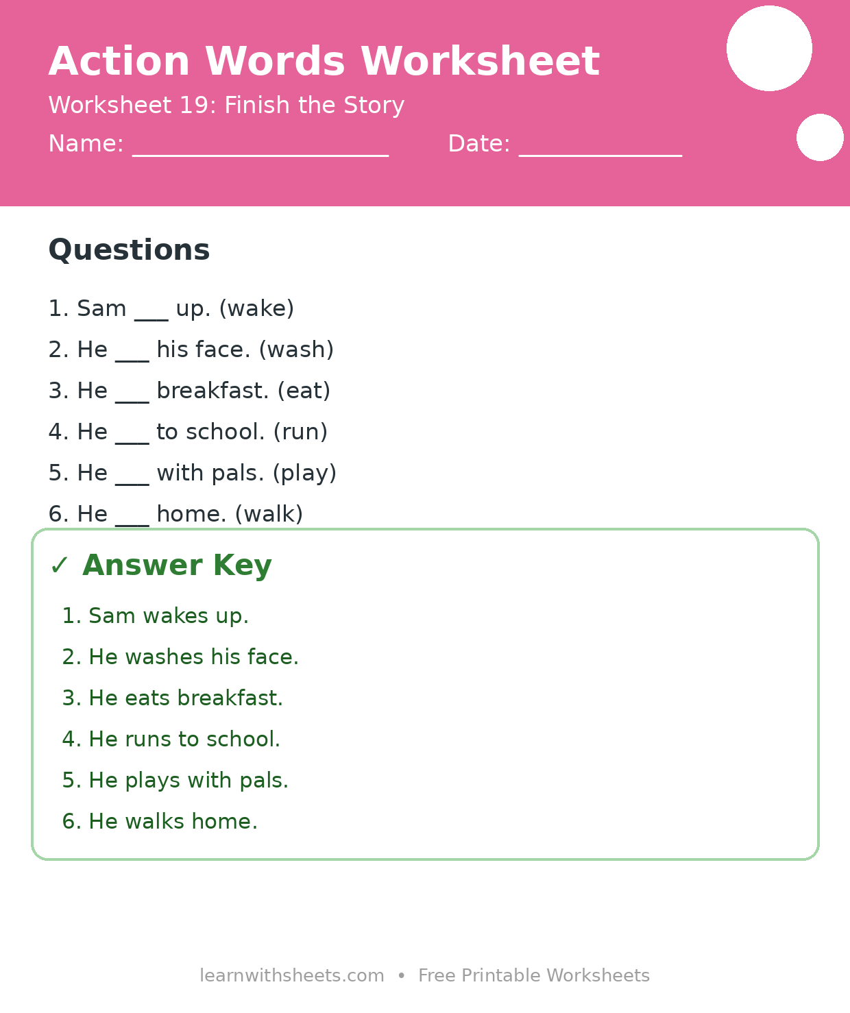 Printable action words worksheet 19: Finish the Story with questions and answer key