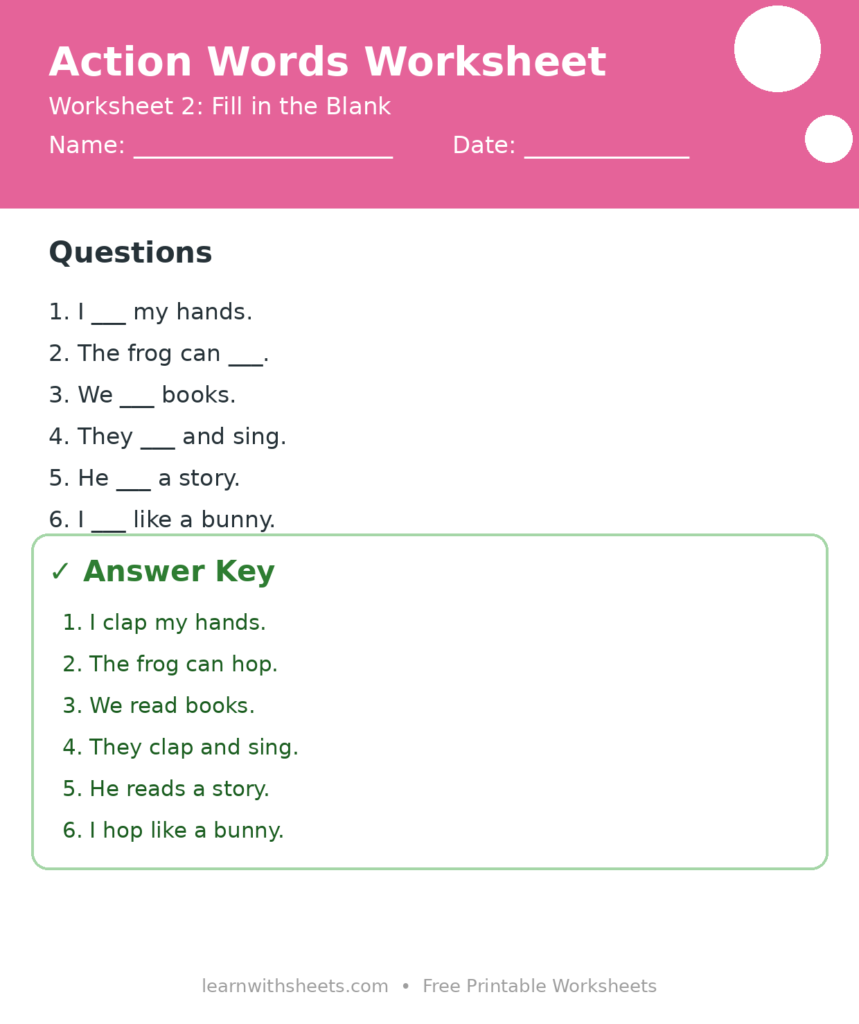 Printable action words worksheet 2: Fill in the Blank with questions and answer key