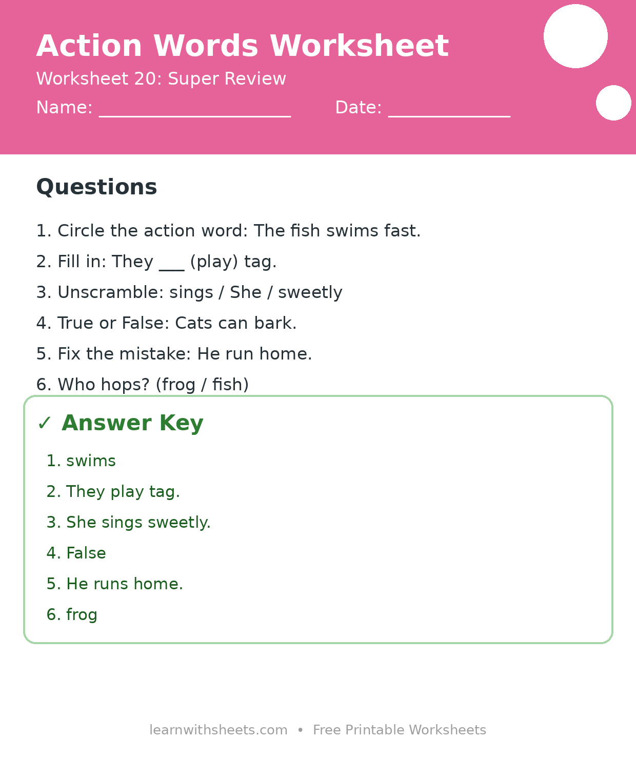 Printable action words worksheet 20: Super Review with questions and answer key