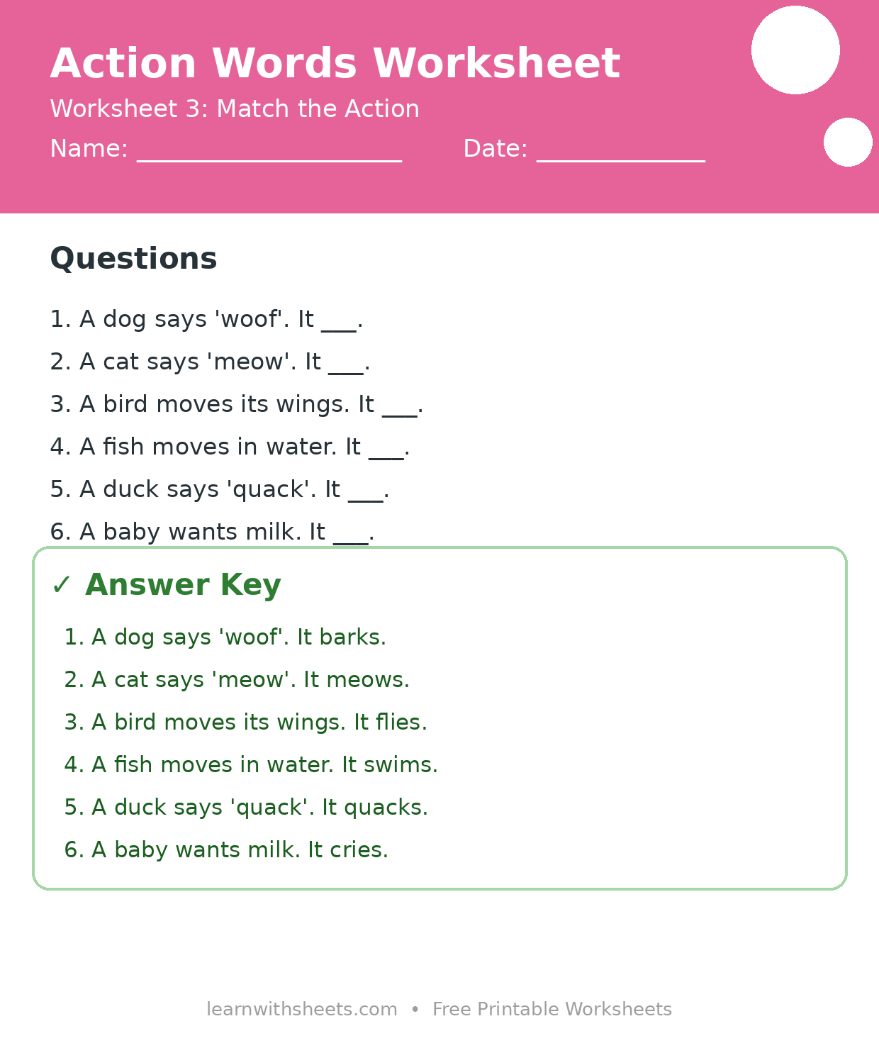 Printable action words worksheet 3: Match the Action with questions and answer key