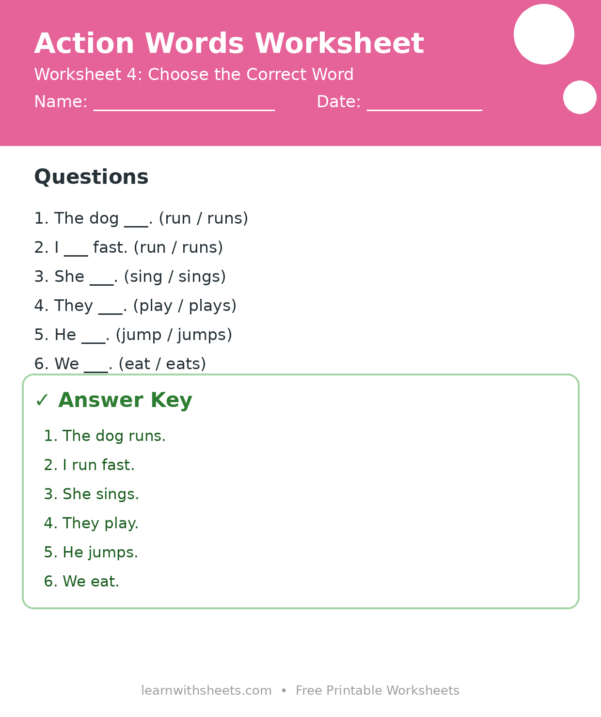 Printable action words worksheet 4: Choose the Correct Word with questions and answer key