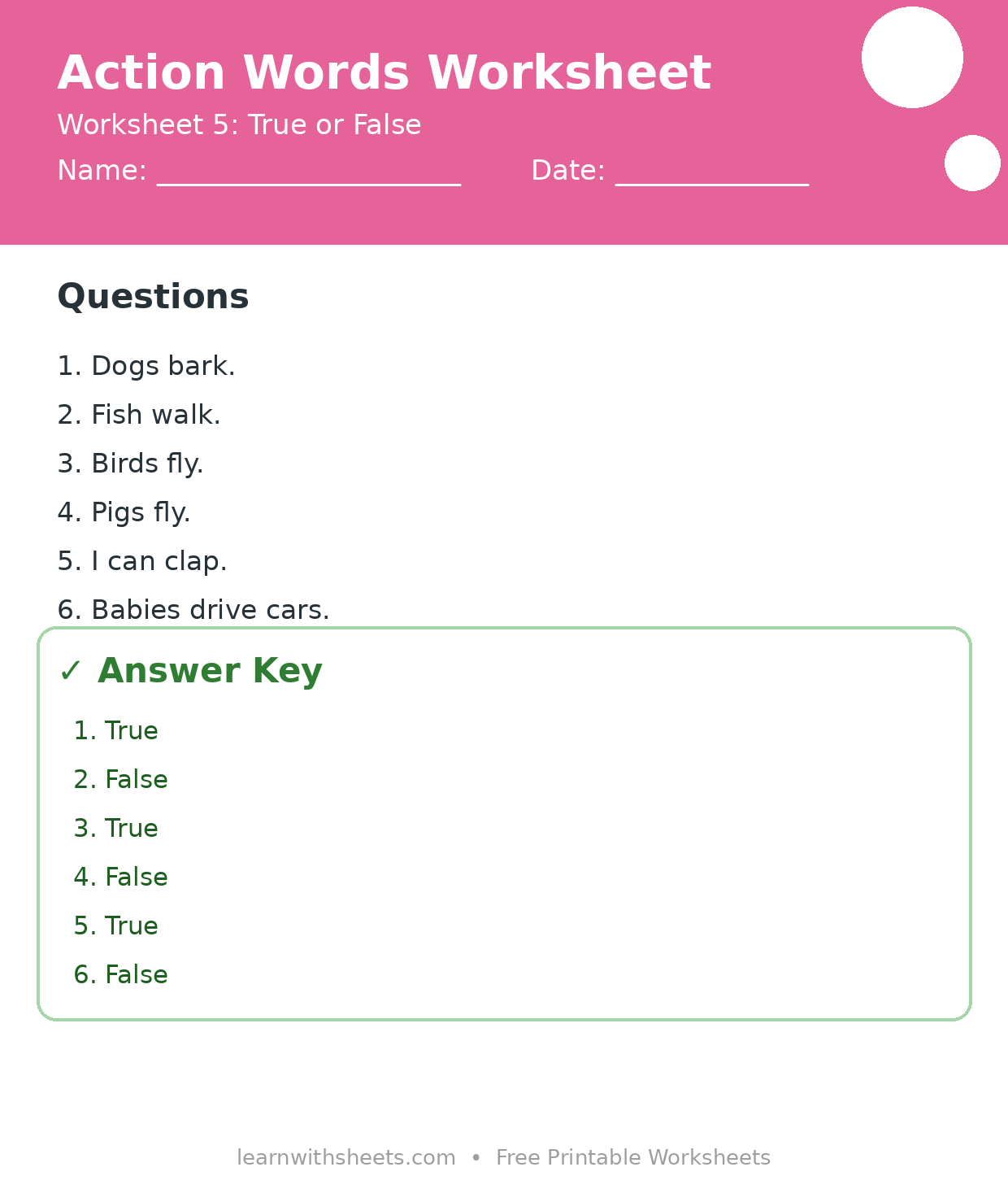 Printable action words worksheet 5: True or False with questions and answer key