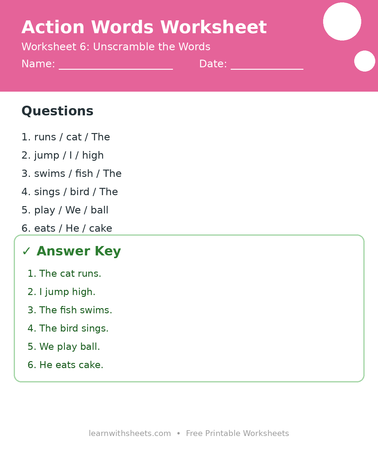 Printable action words worksheet 6: Unscramble the Words with questions and answer key