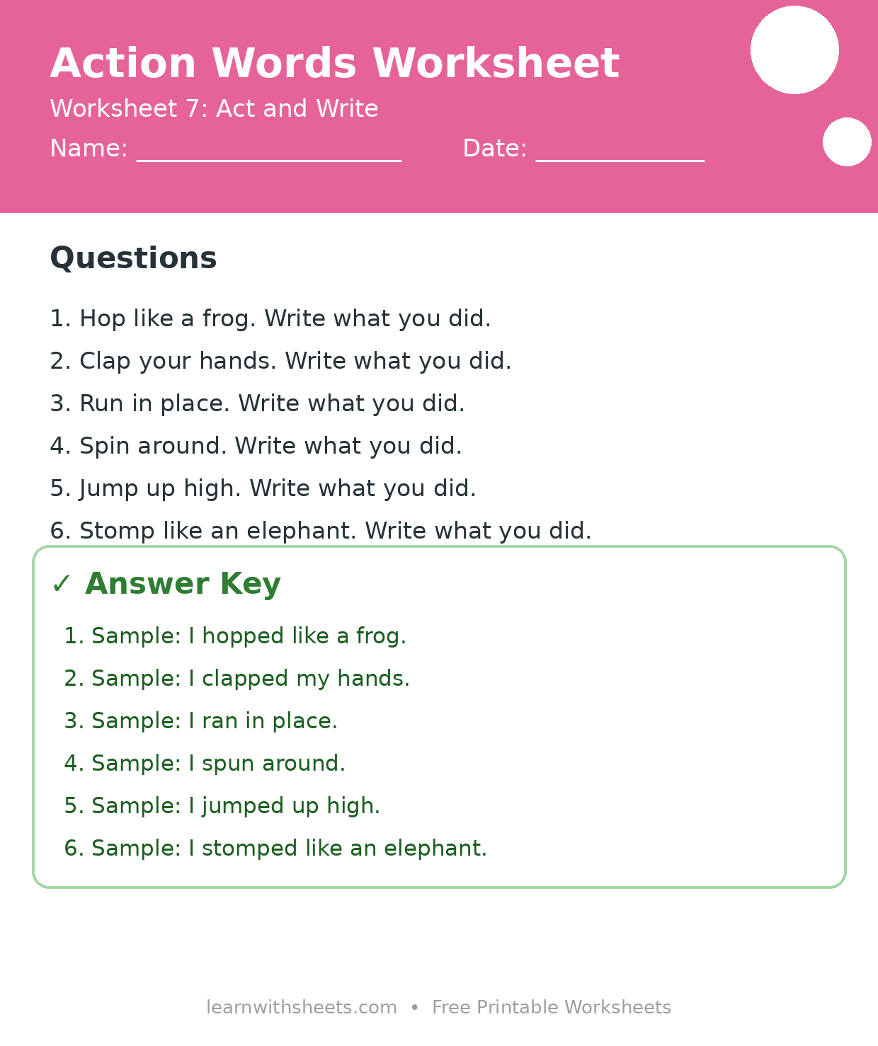 Printable action words worksheet 7: Act and Write with questions and answer key