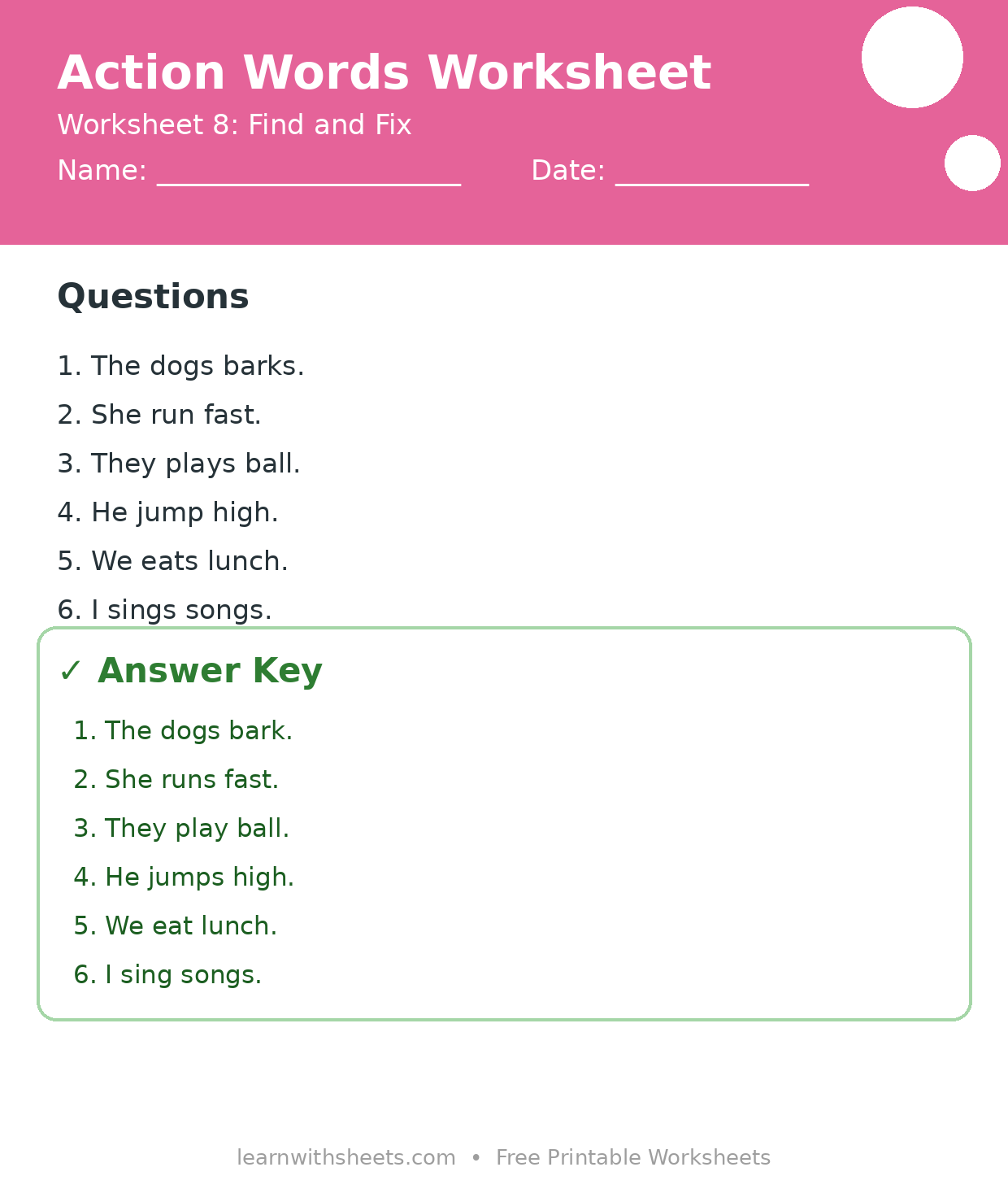 Printable action words worksheet 8: Find and Fix with questions and answer key
