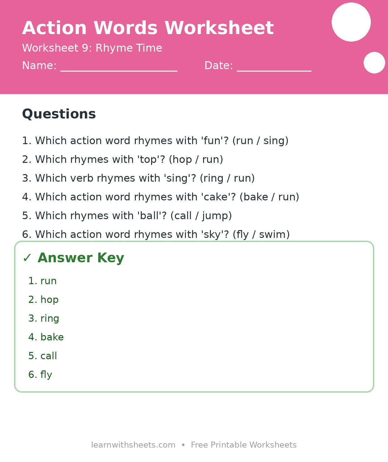 Printable action words worksheet 9: Rhyme Time with questions and answer key