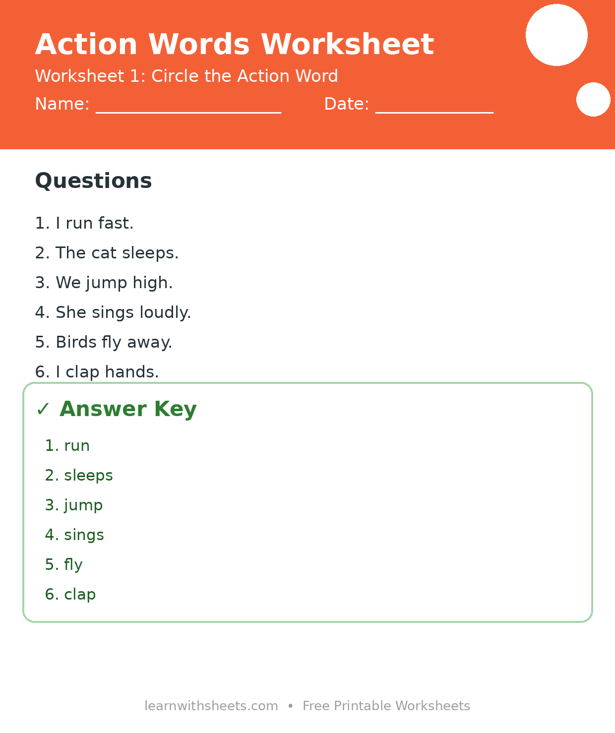 Printable action words worksheet 1: Circle the Action Word with questions and answer key