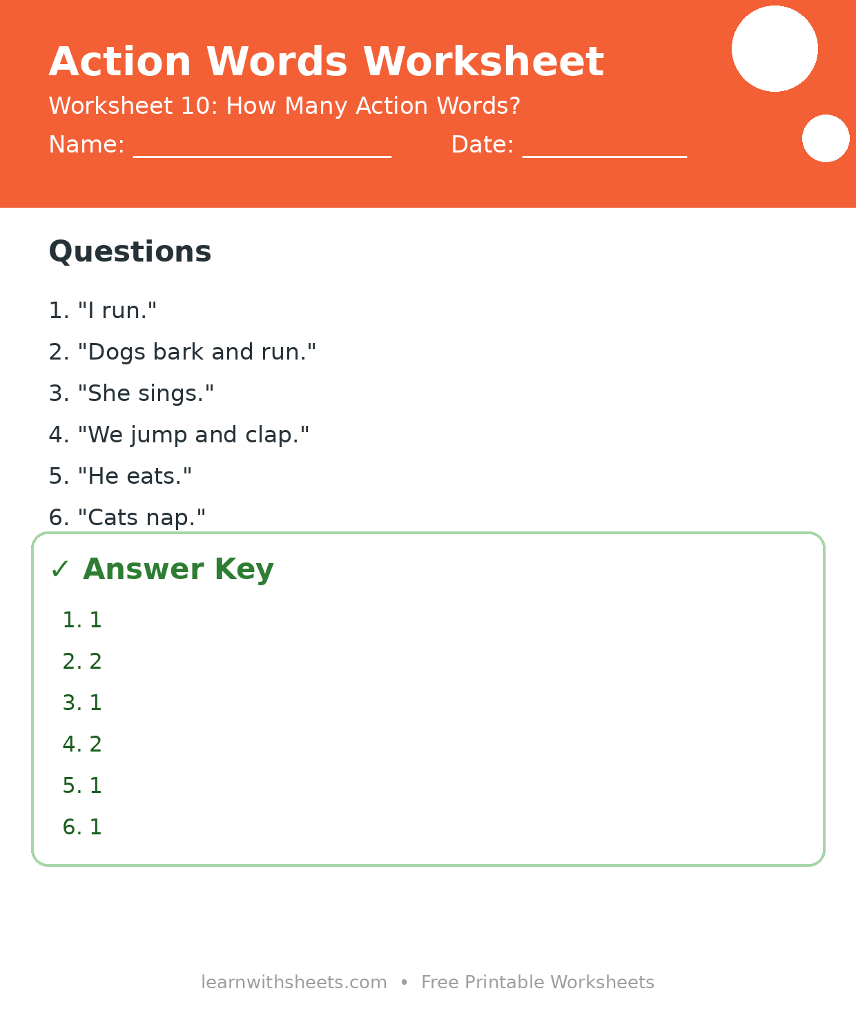 Printable action words worksheet 10: How Many Action Words? with questions and answer key
