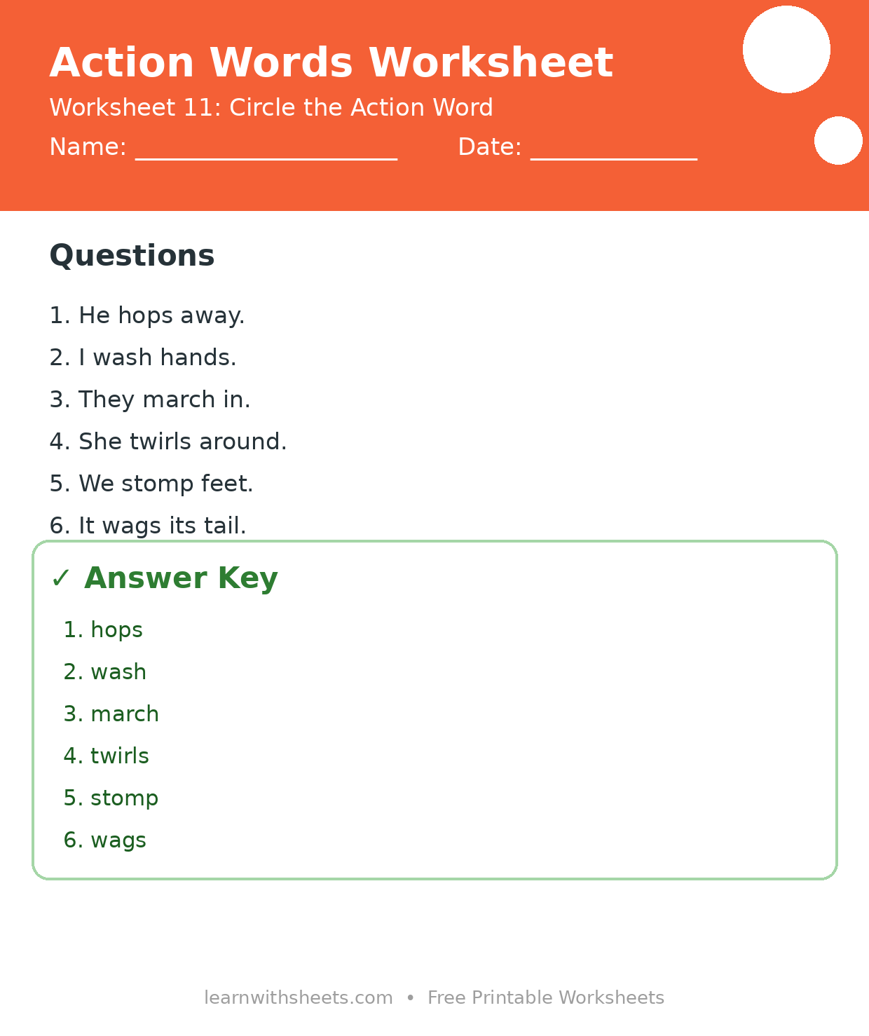 Printable action words worksheet 11: Circle the Action Word with questions and answer key