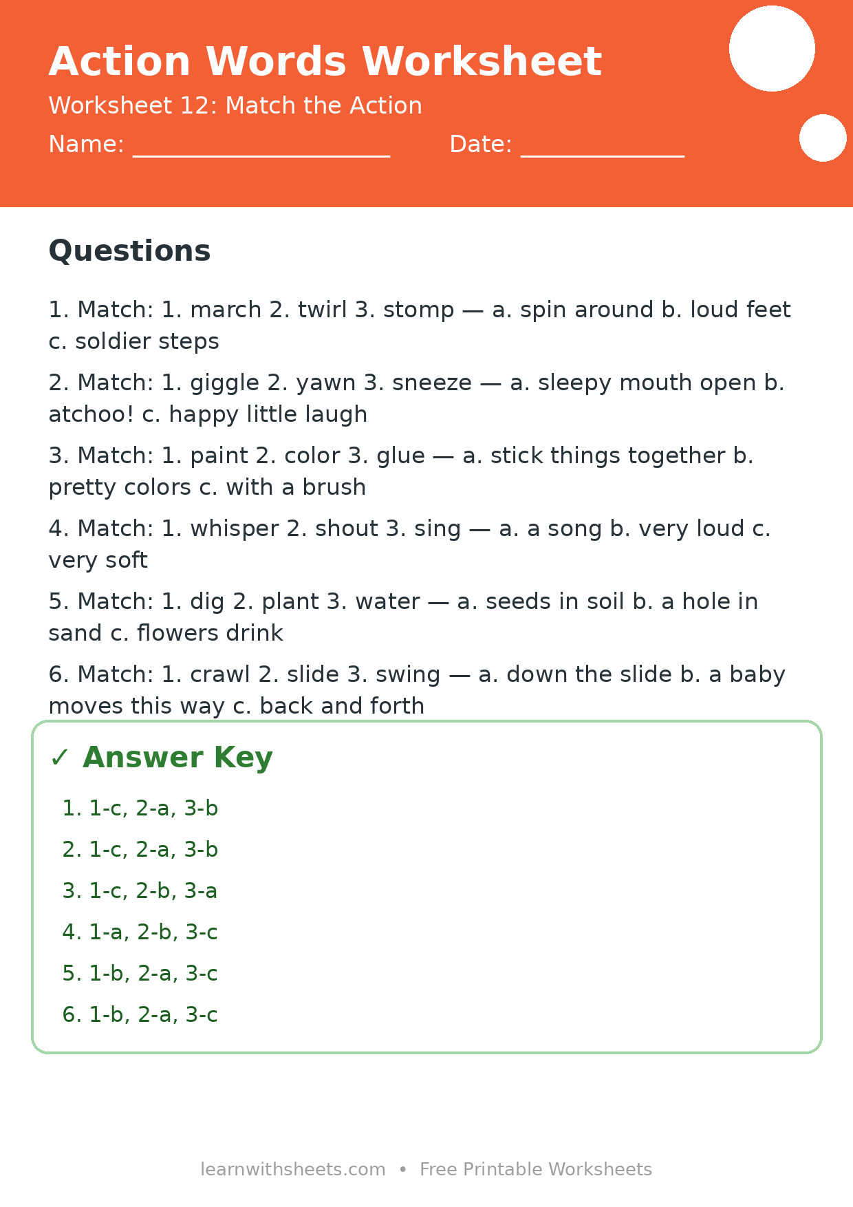 Printable action words worksheet 12: Match the Action with questions and answer key