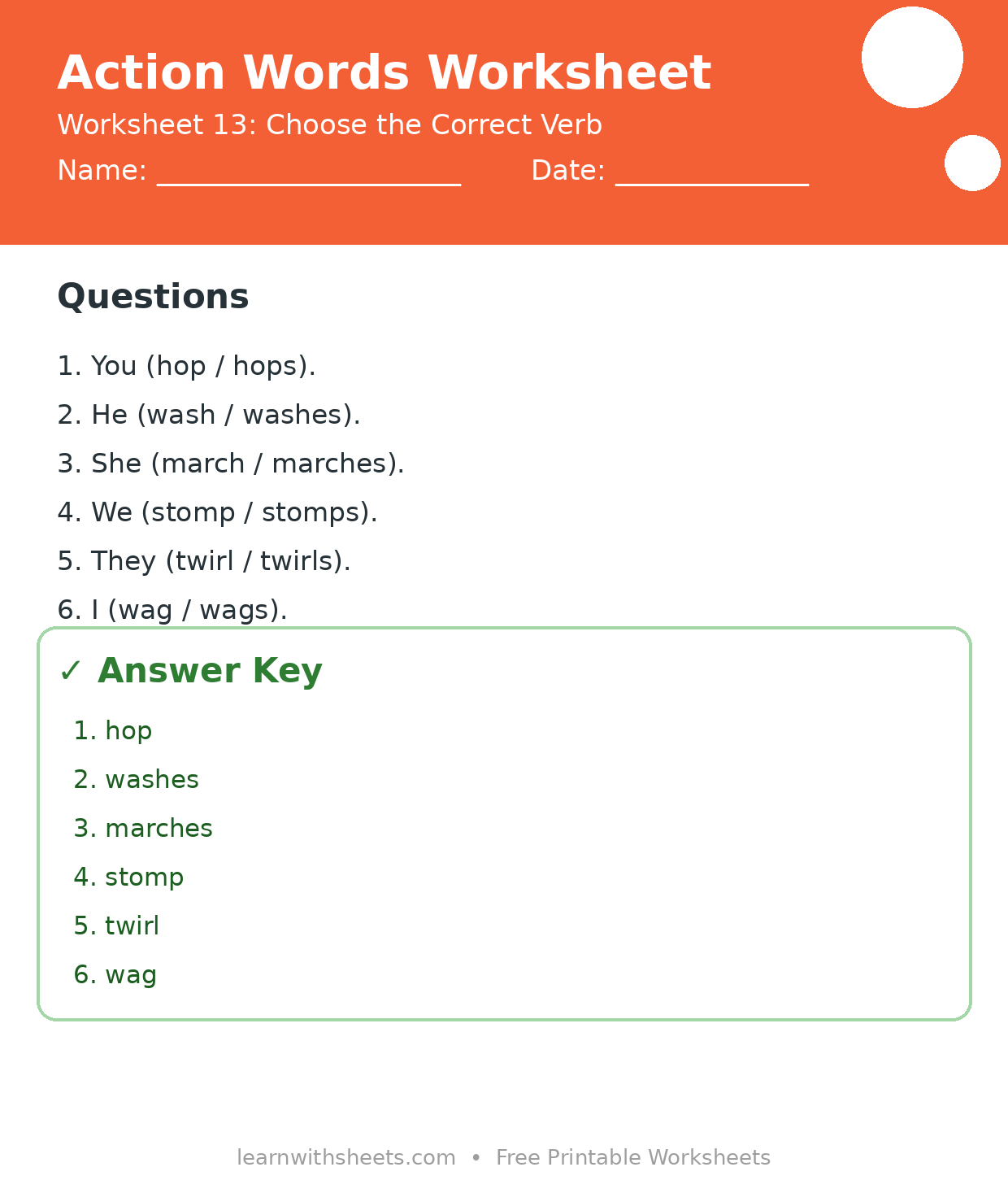 Printable action words worksheet 13: Choose the Correct Verb with questions and answer key
