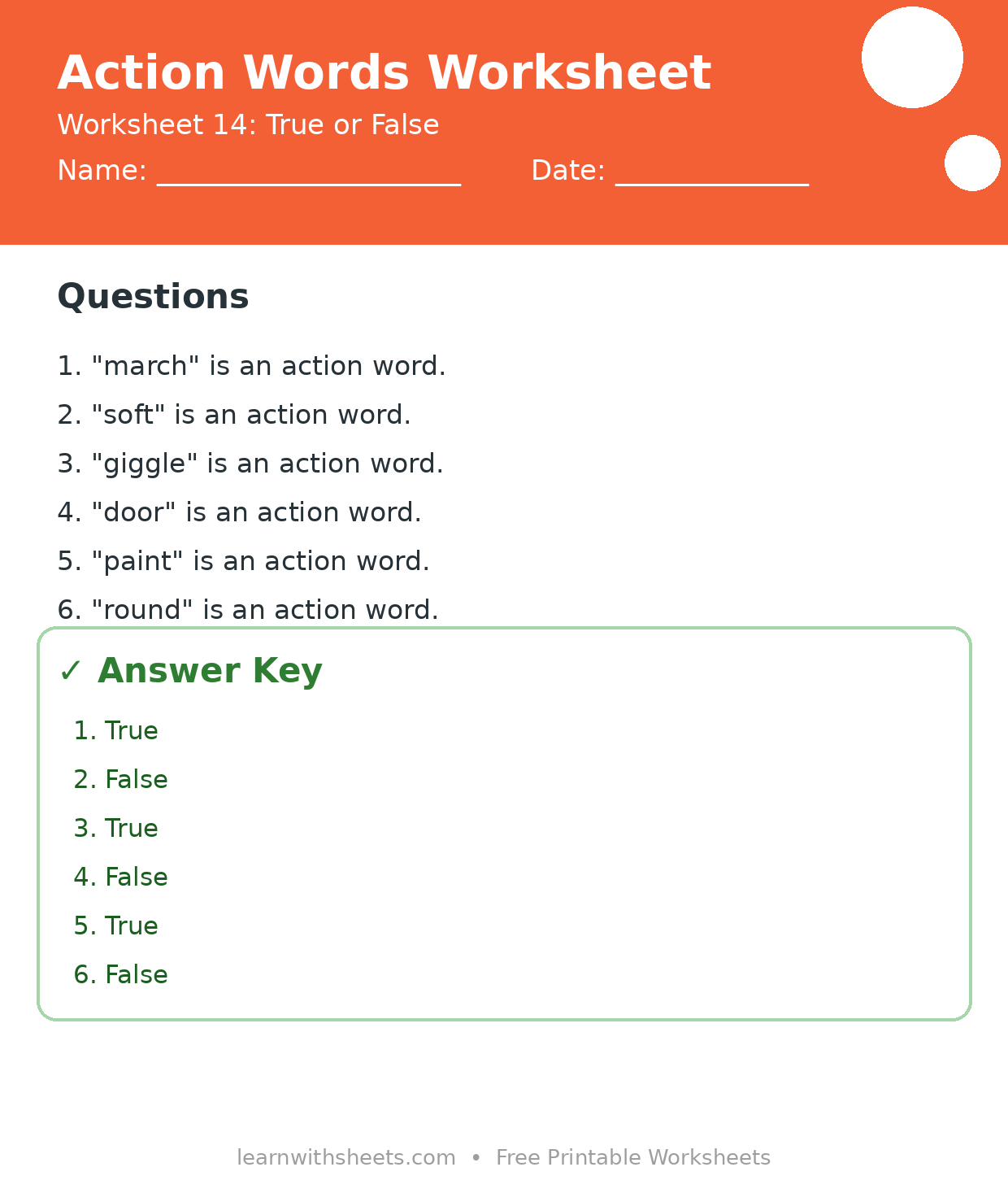 Printable action words worksheet 14: True or False with questions and answer key