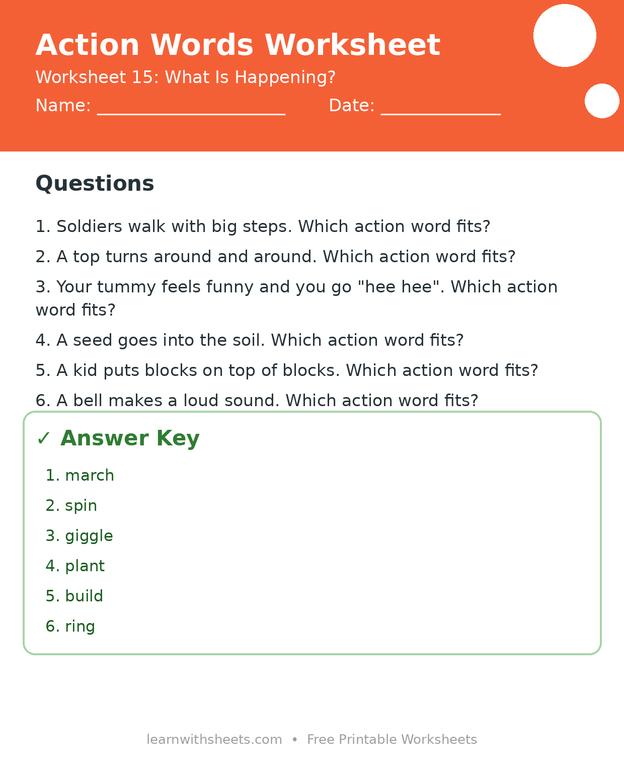 Printable action words worksheet 15: What Is Happening? with questions and answer key