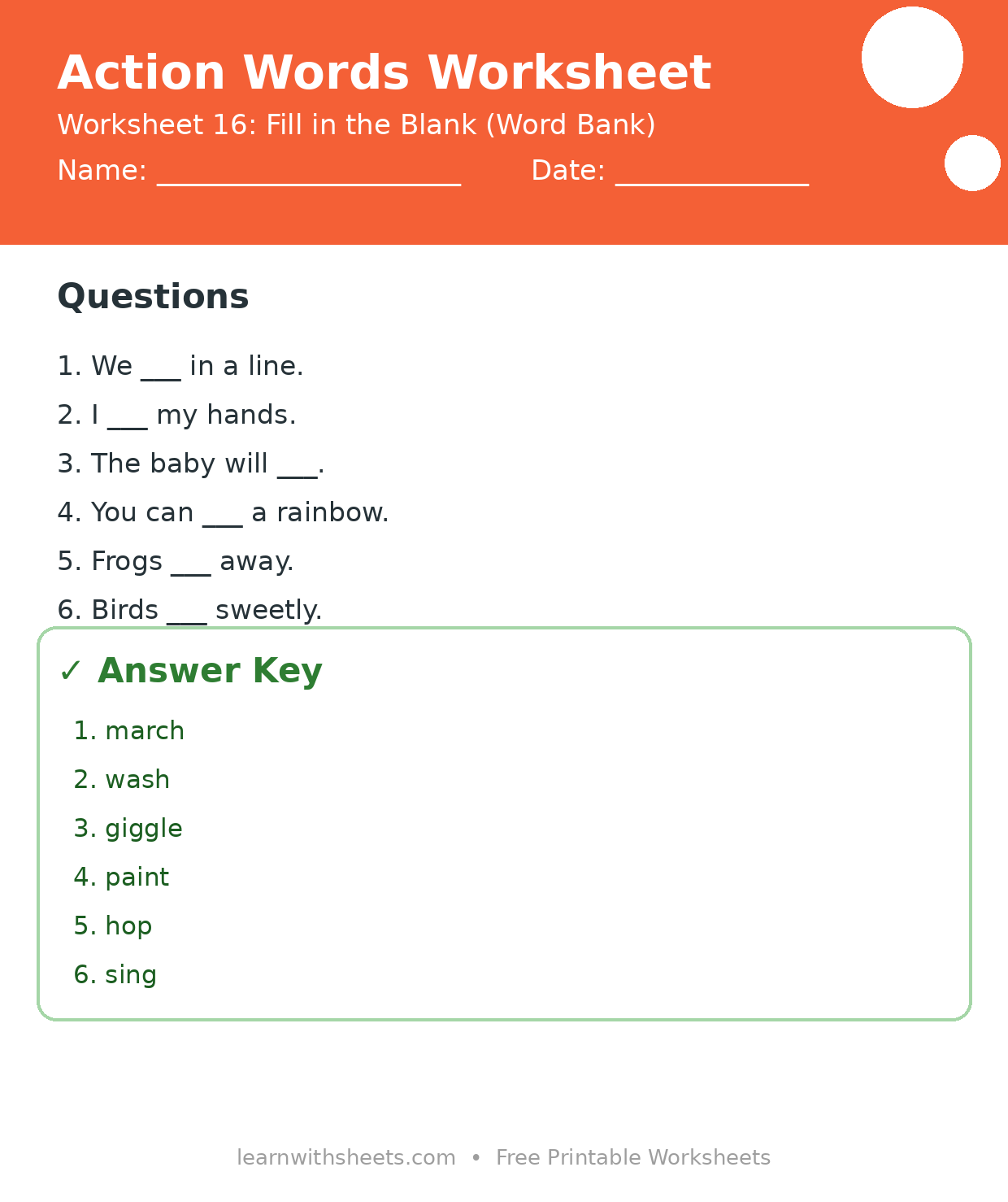 Printable action words worksheet 16: Fill in the Blank (Word Bank) with questions and answer key