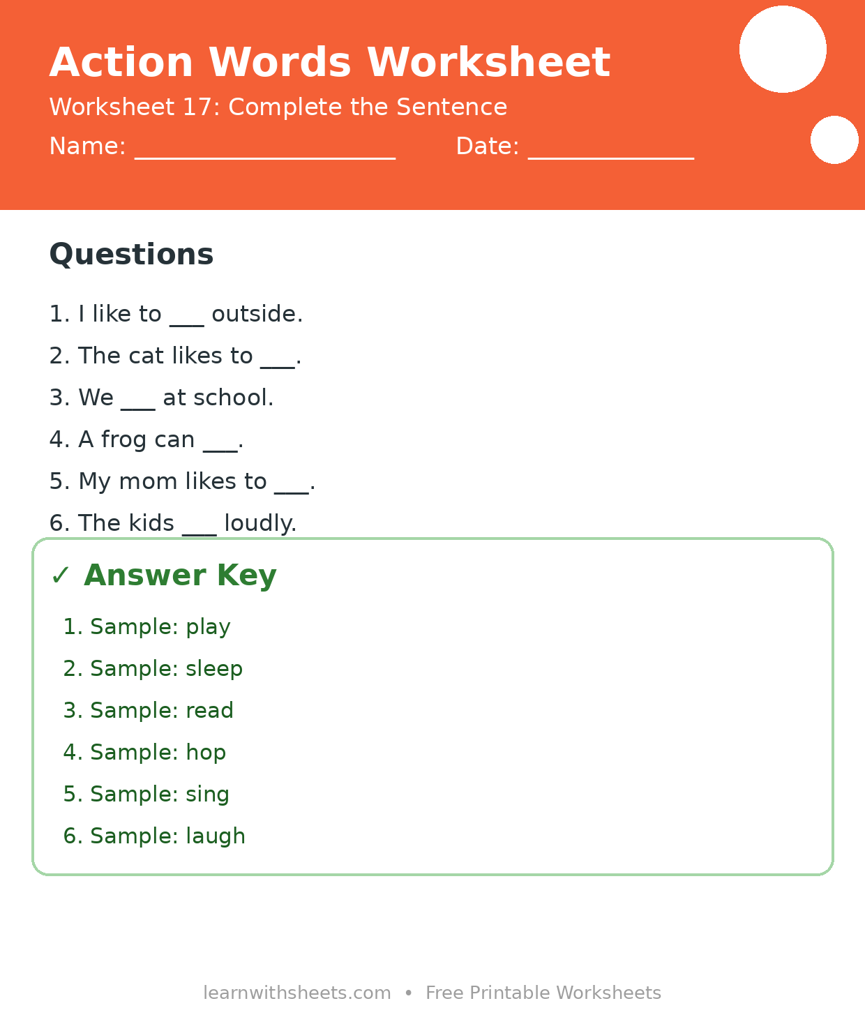Printable action words worksheet 17: Complete the Sentence with questions and answer key