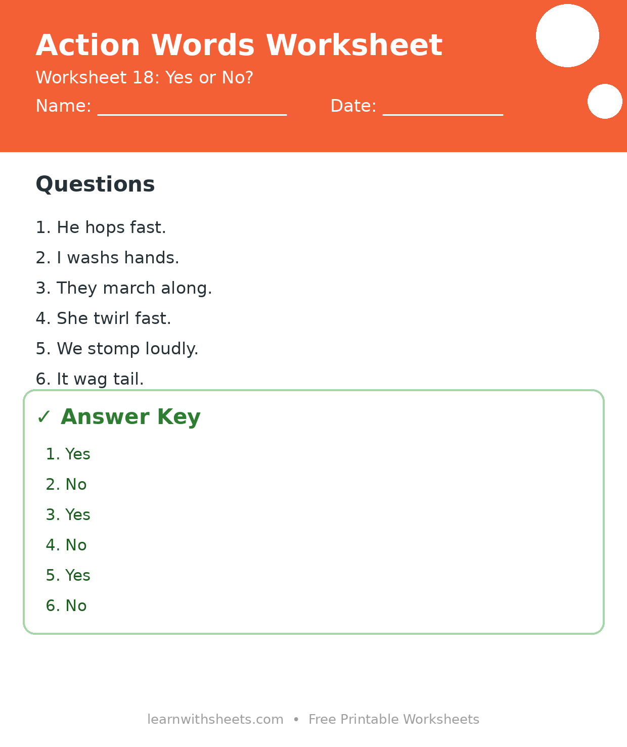 Printable action words worksheet 18: Yes or No? with questions and answer key
