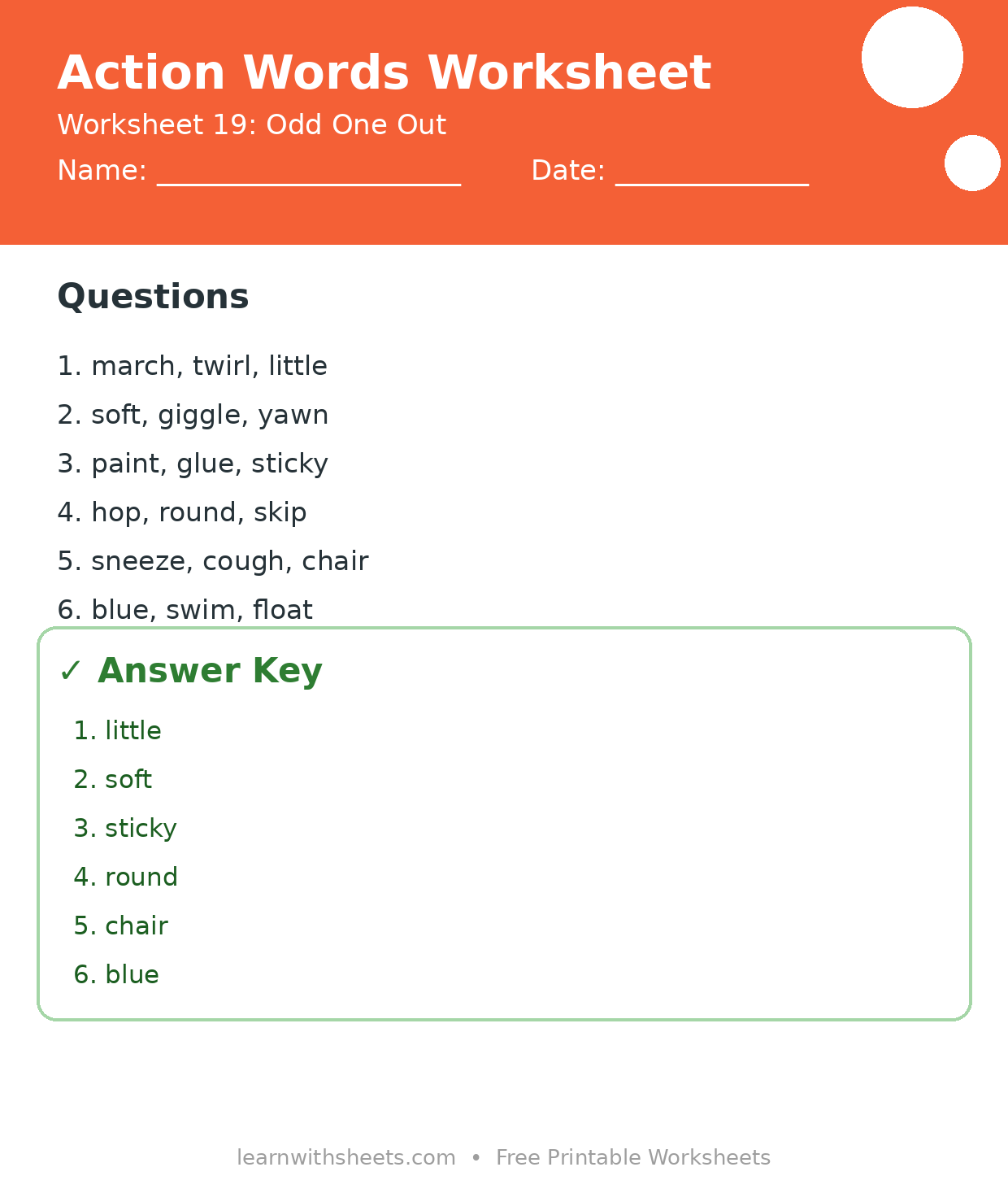 Printable action words worksheet 19: Odd One Out with questions and answer key