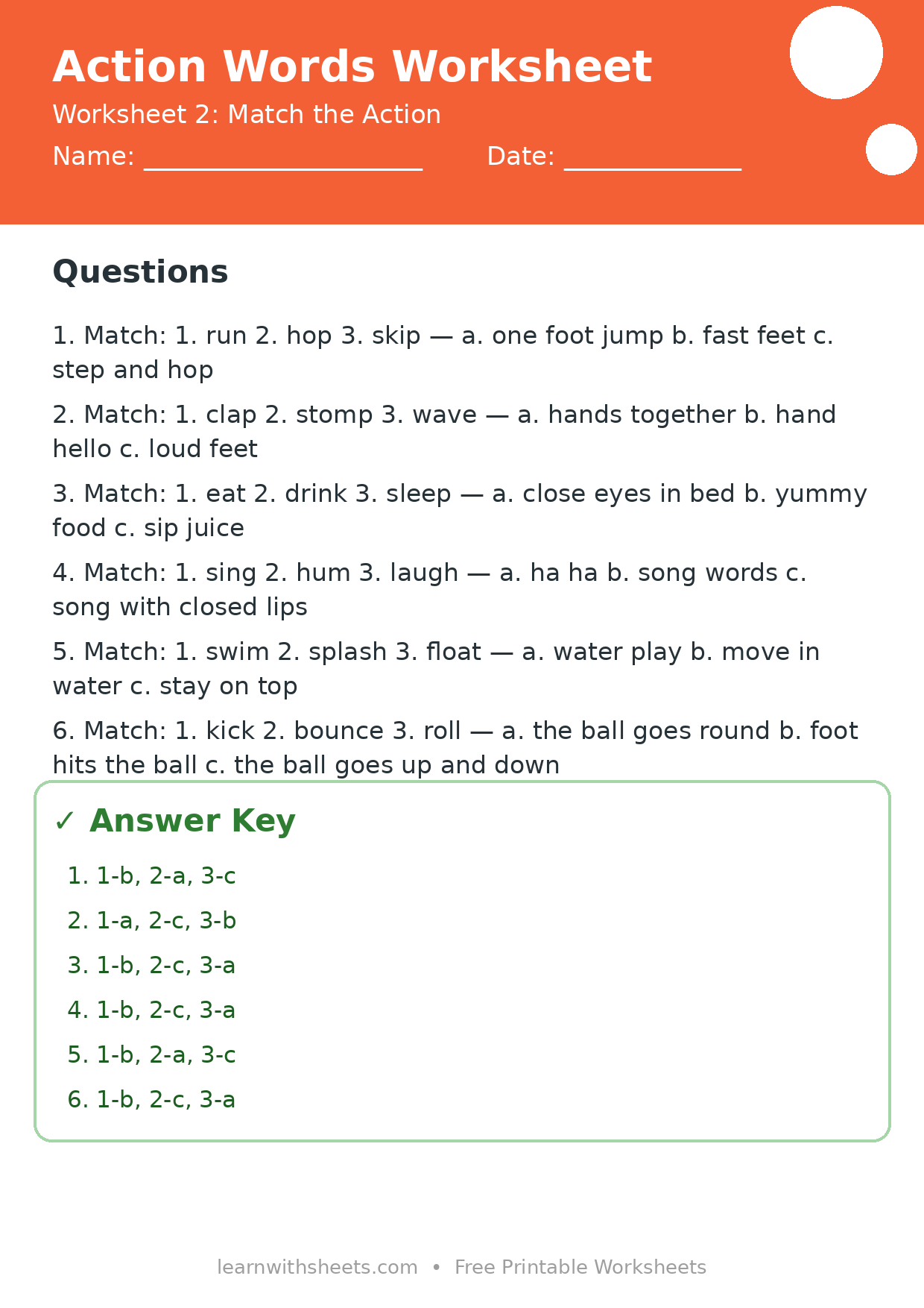 Printable action words worksheet 2: Match the Action with questions and answer key