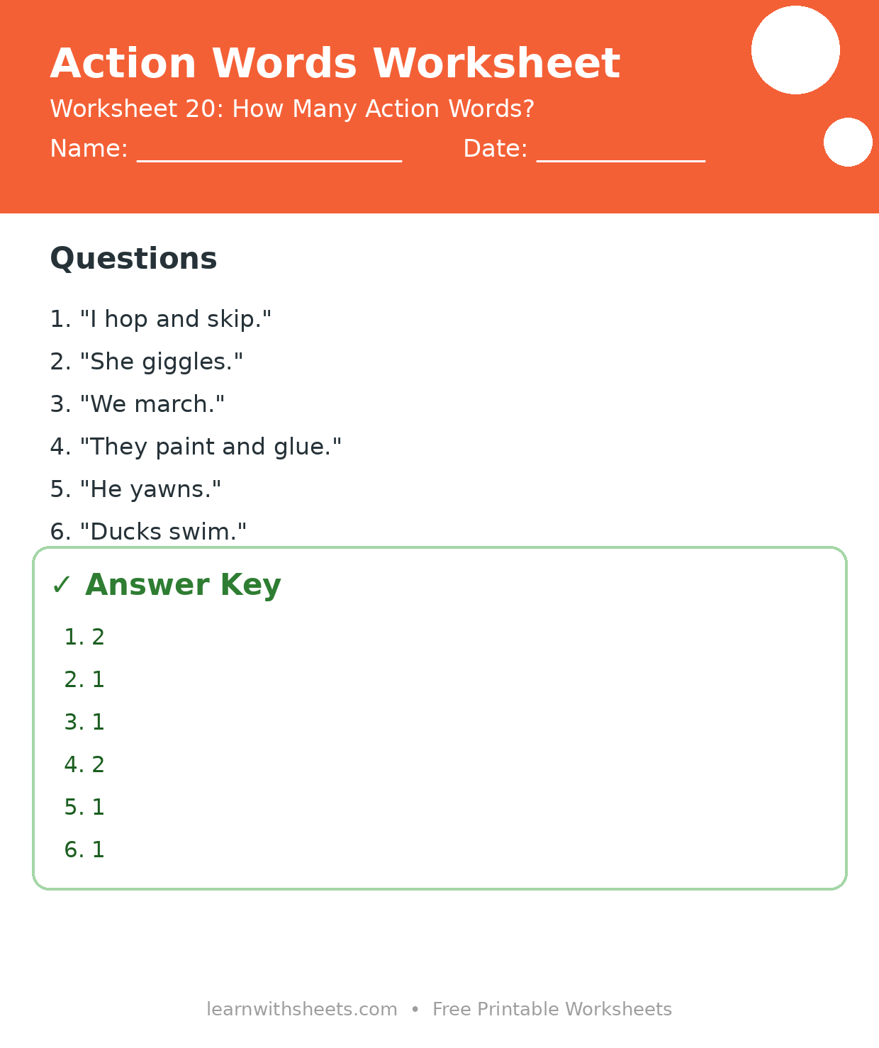 Printable action words worksheet 20: How Many Action Words? with questions and answer key