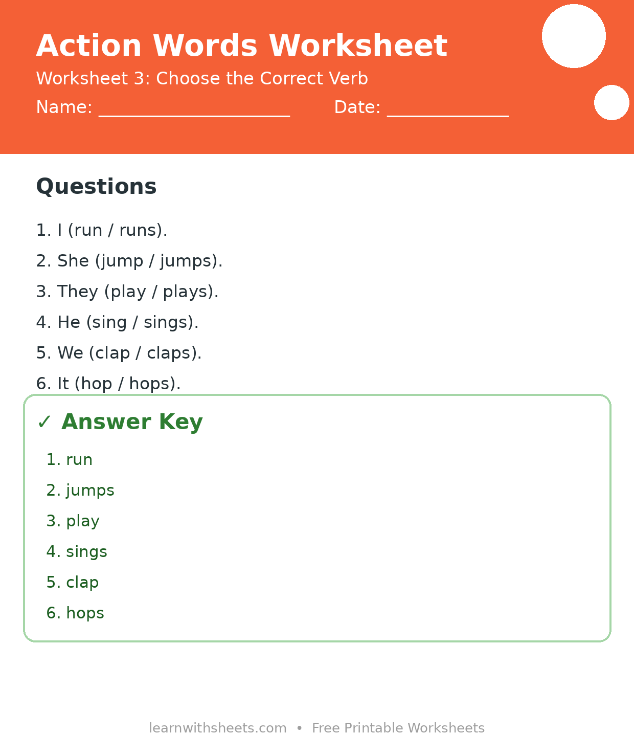 Printable action words worksheet 3: Choose the Correct Verb with questions and answer key