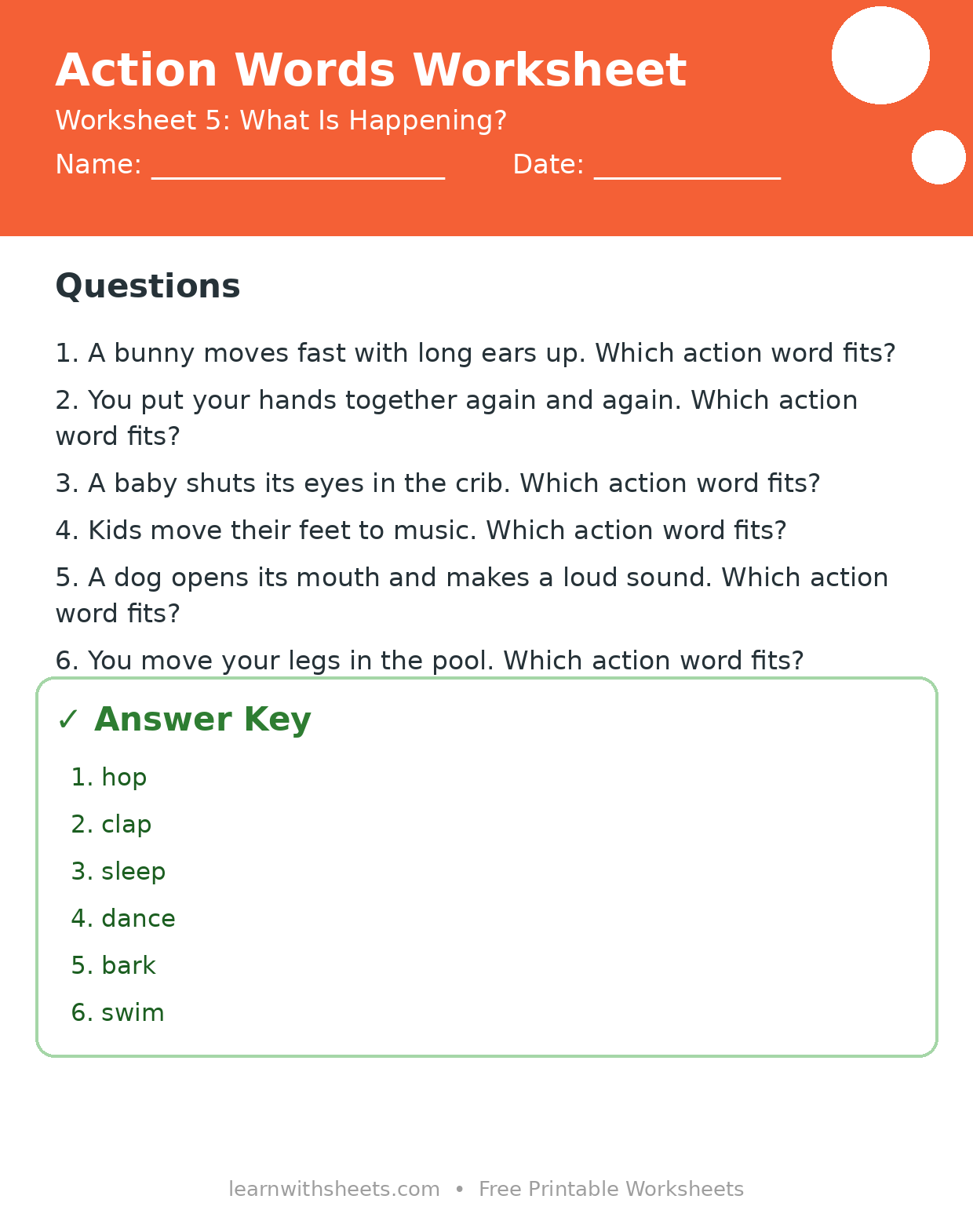 Printable action words worksheet 5: What Is Happening? with questions and answer key