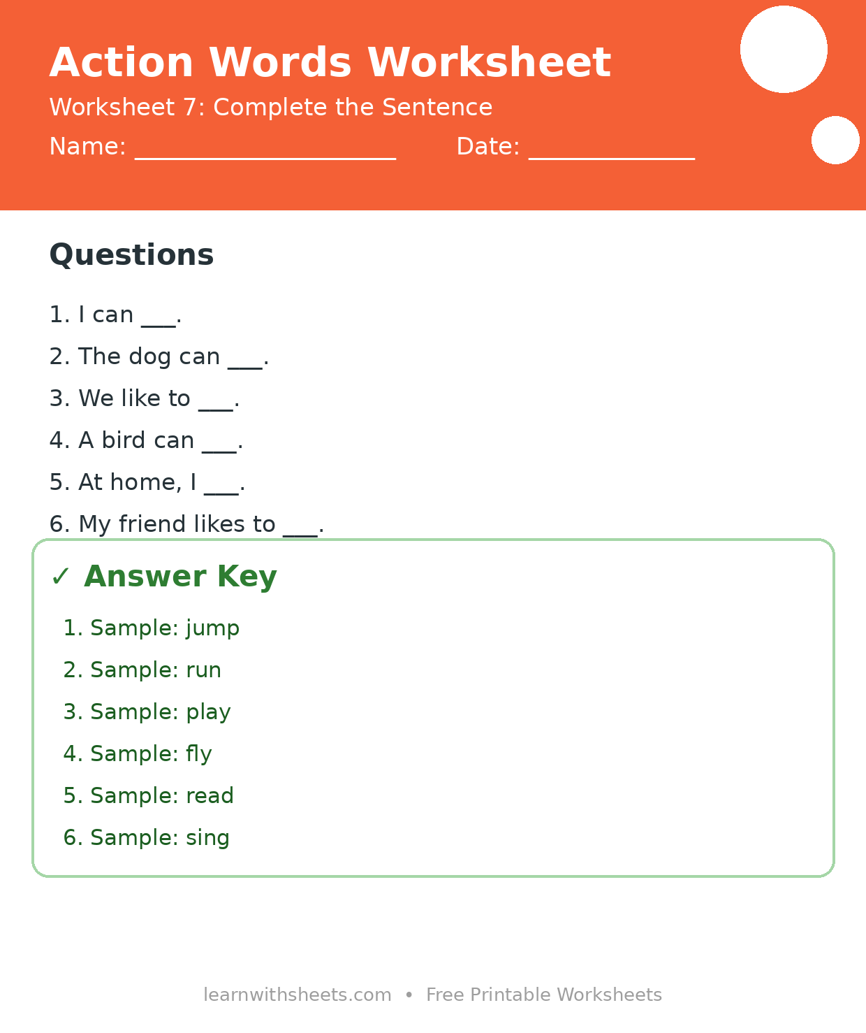 Printable action words worksheet 7: Complete the Sentence with questions and answer key