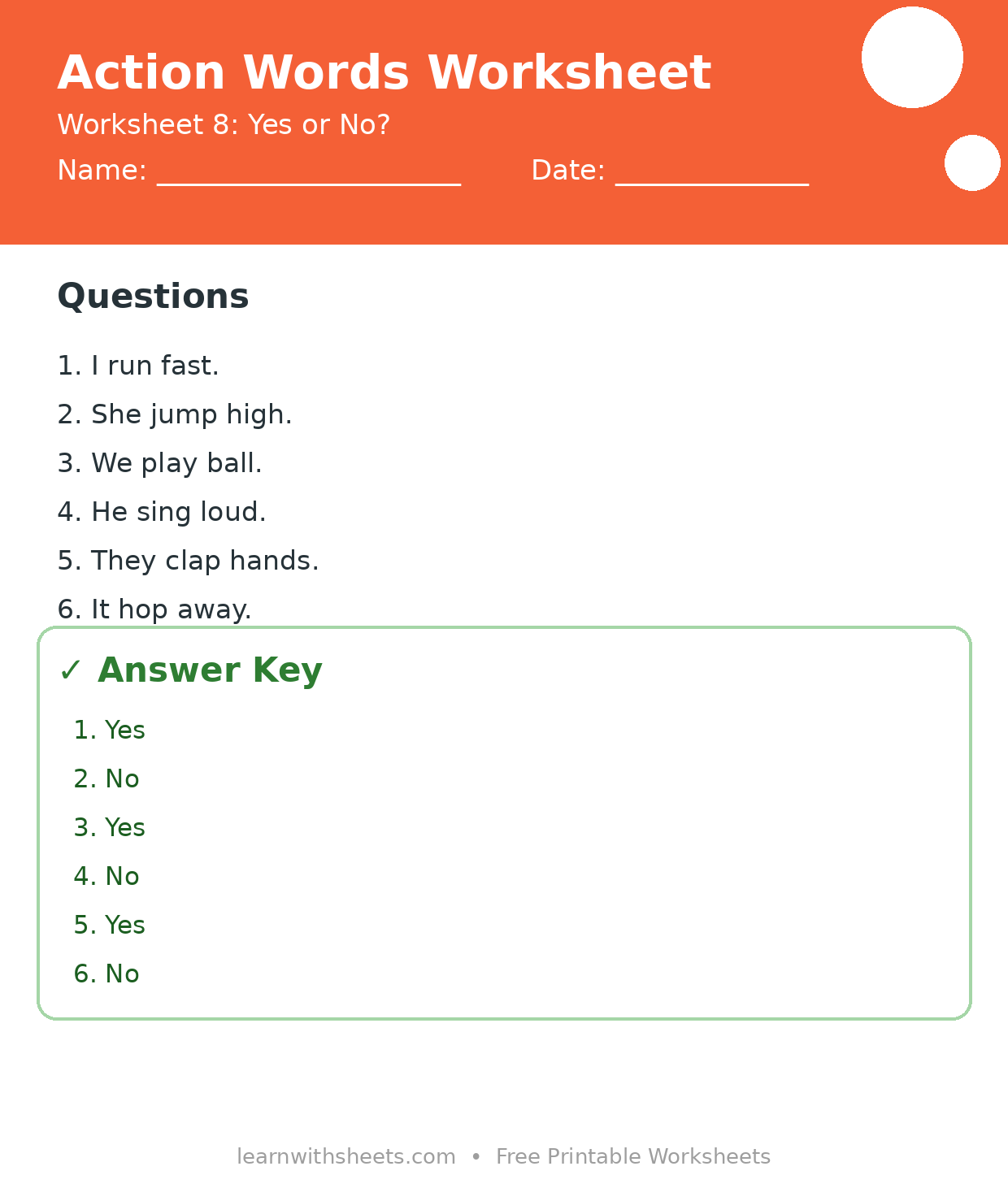 Printable action words worksheet 8: Yes or No? with questions and answer key