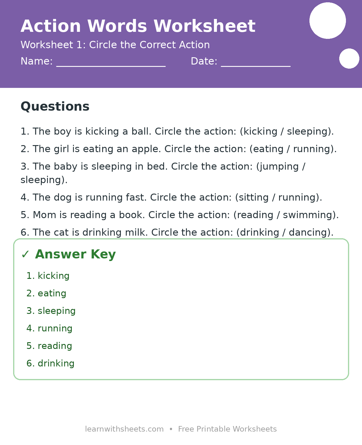 Printable action words worksheet 1: Circle the Correct Action with questions and answer key