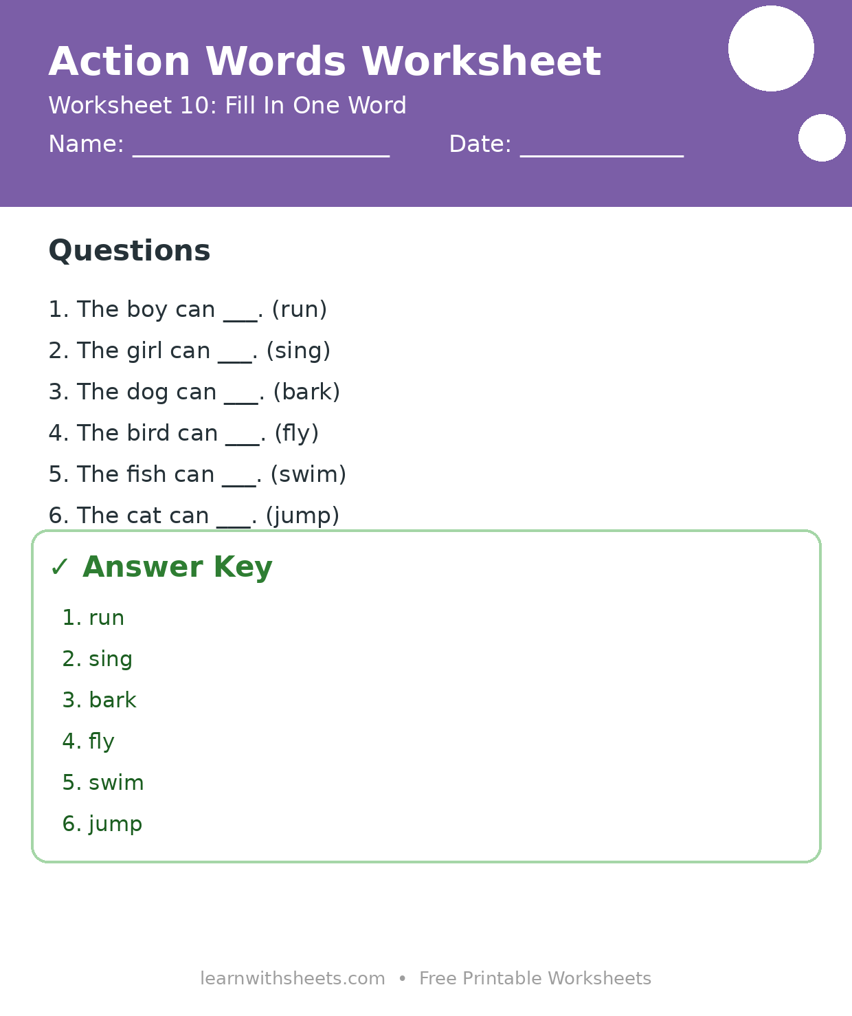 Printable action words worksheet 10: Fill In One Word with questions and answer key