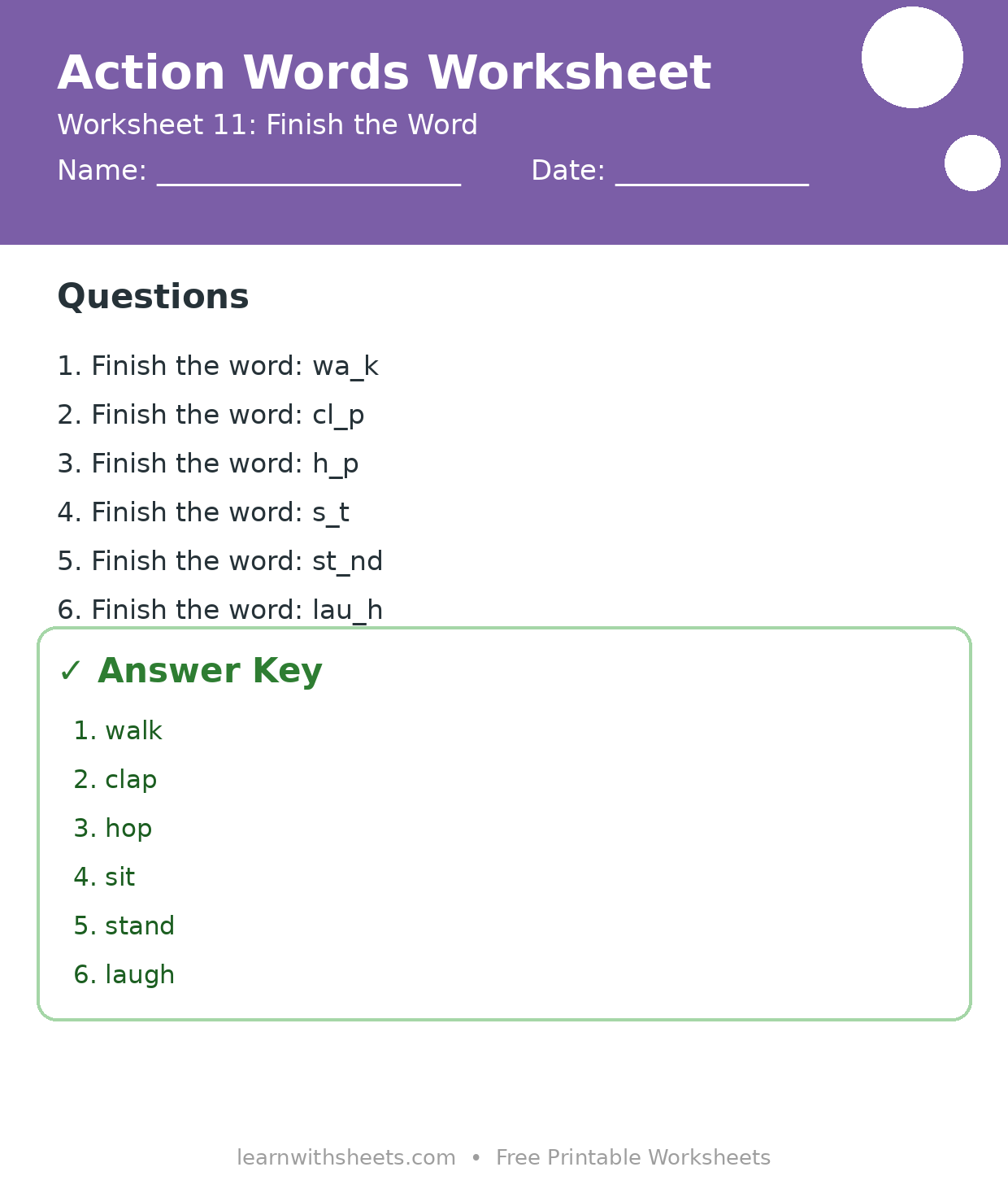 Printable action words worksheet 11: Finish the Word with questions and answer key